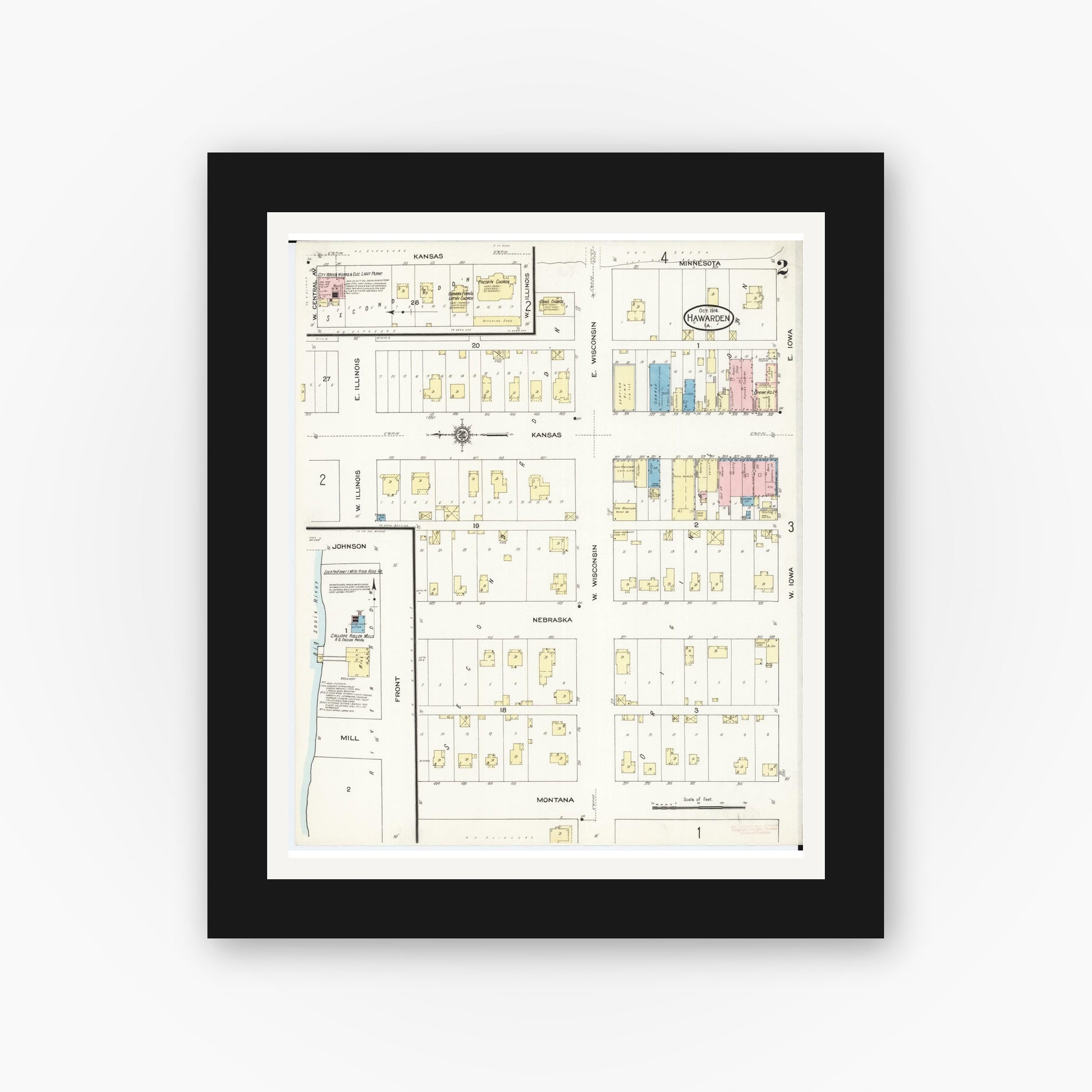 Old map wall art mockup — black gallery frame with white mat — Sanborn Fire Insurance Map from Hawarden, Sioux County, Iowa (1914), Sheet #0002