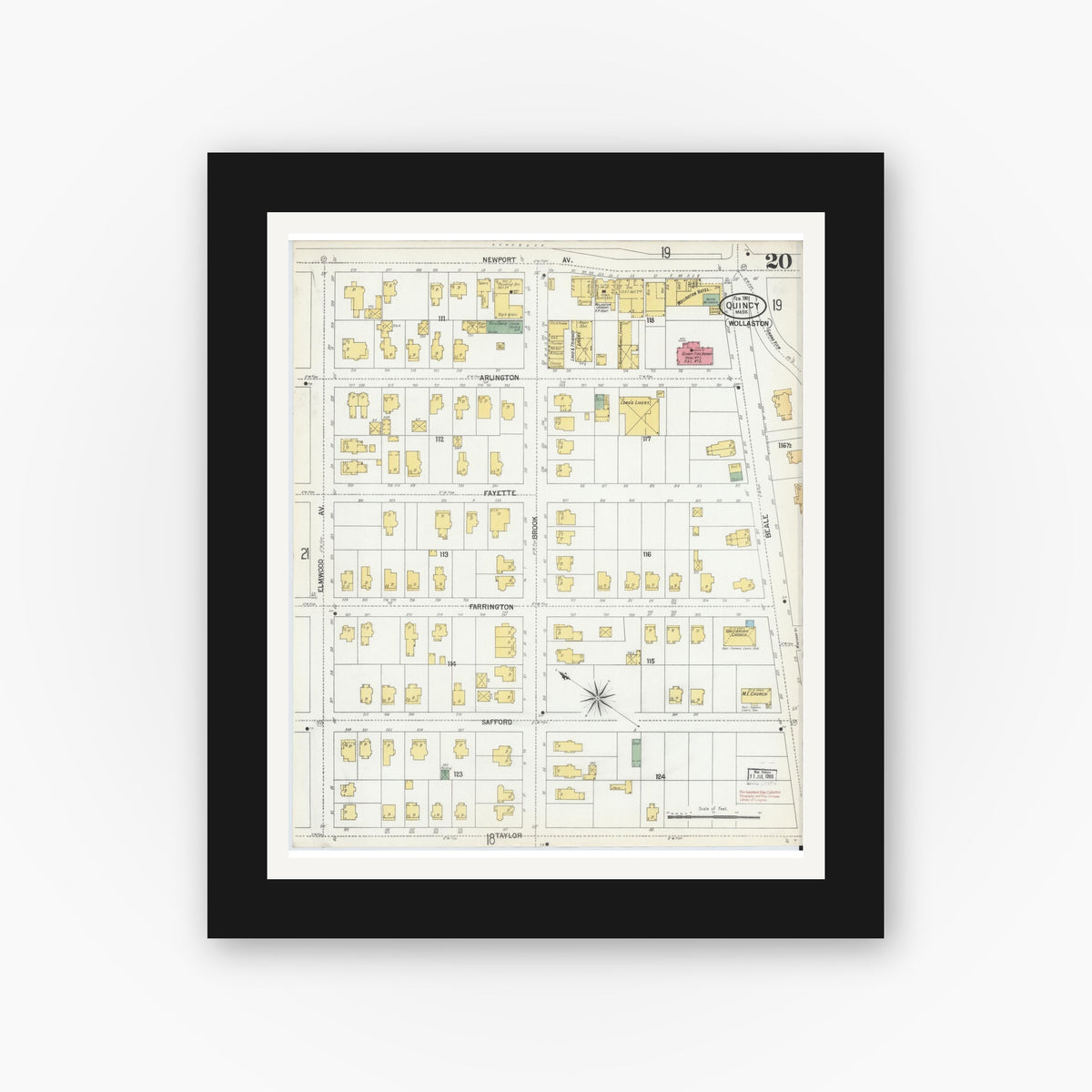 Old map wall art mockup — black gallery frame with white mat — Sanborn Fire Insurance Map from Quincy, Norfolk County, Massachusetts (1901), Sheet #0020