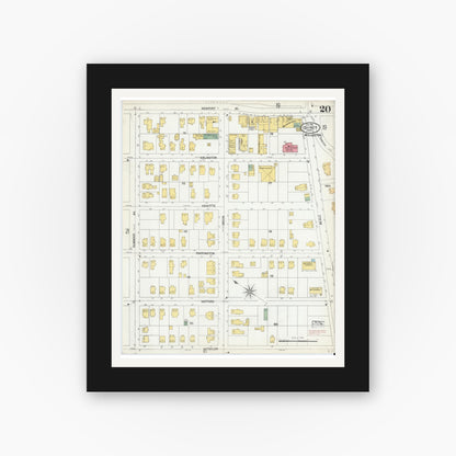 Old map wall art mockup — black gallery frame with white mat — Sanborn Fire Insurance Map from Quincy, Norfolk County, Massachusetts (1901), Sheet #0020