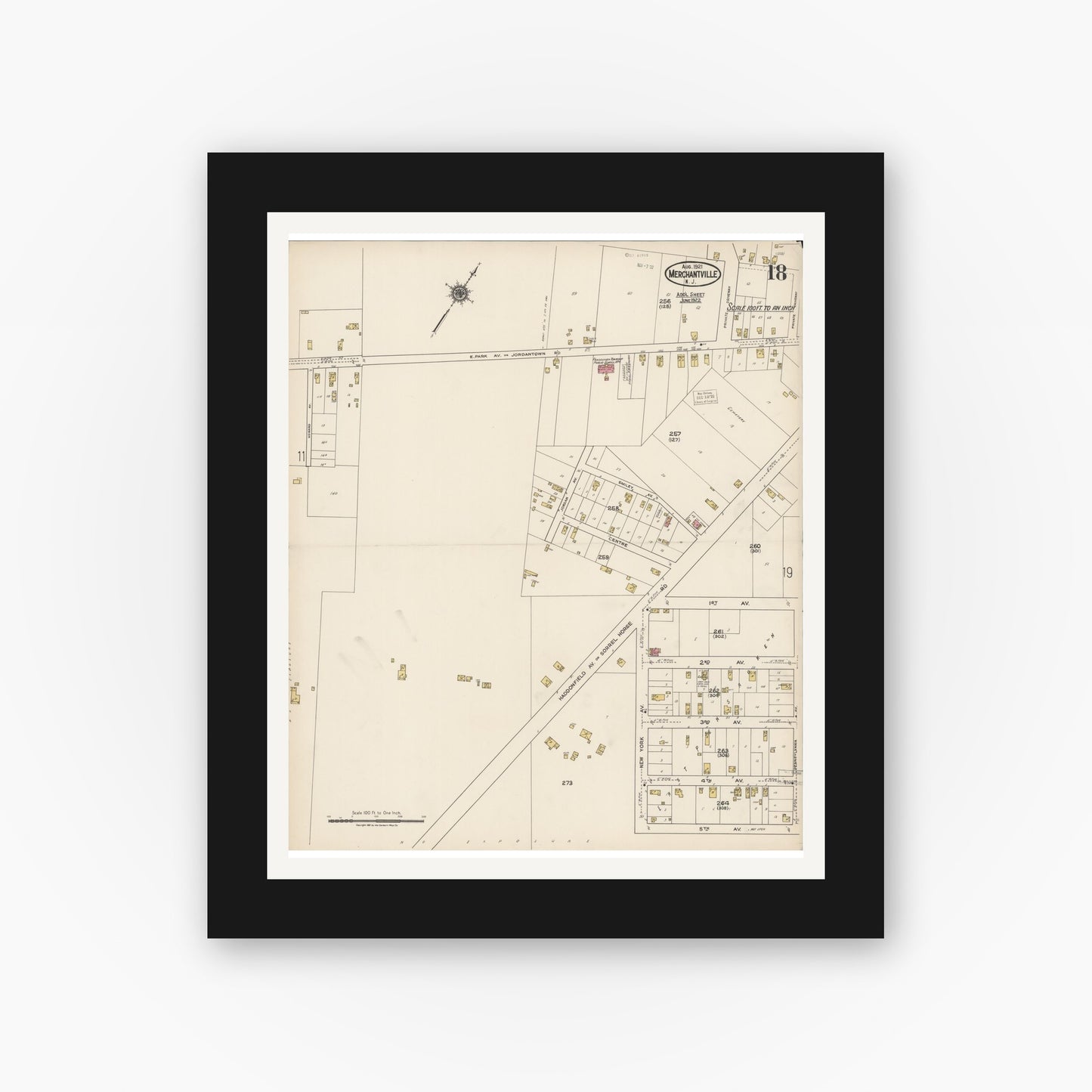 Old map wall art mockup — black gallery frame with white mat — Sanborn Fire Insurance Map from Merchantville, Camden County, New Jersey (1921), Sheet #0018