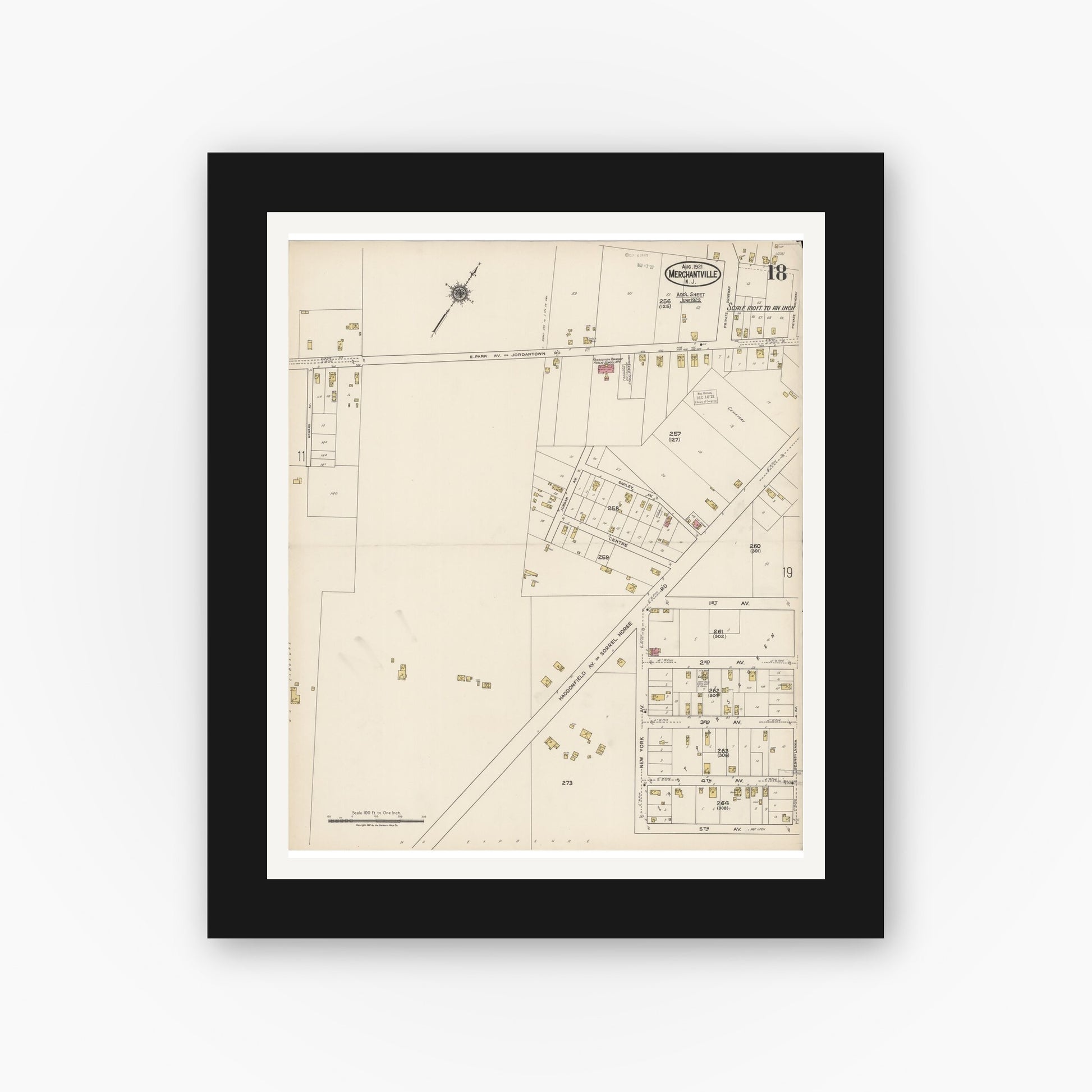 Old map wall art mockup — black gallery frame with white mat — Sanborn Fire Insurance Map from Merchantville, Camden County, New Jersey (1921), Sheet #0018
