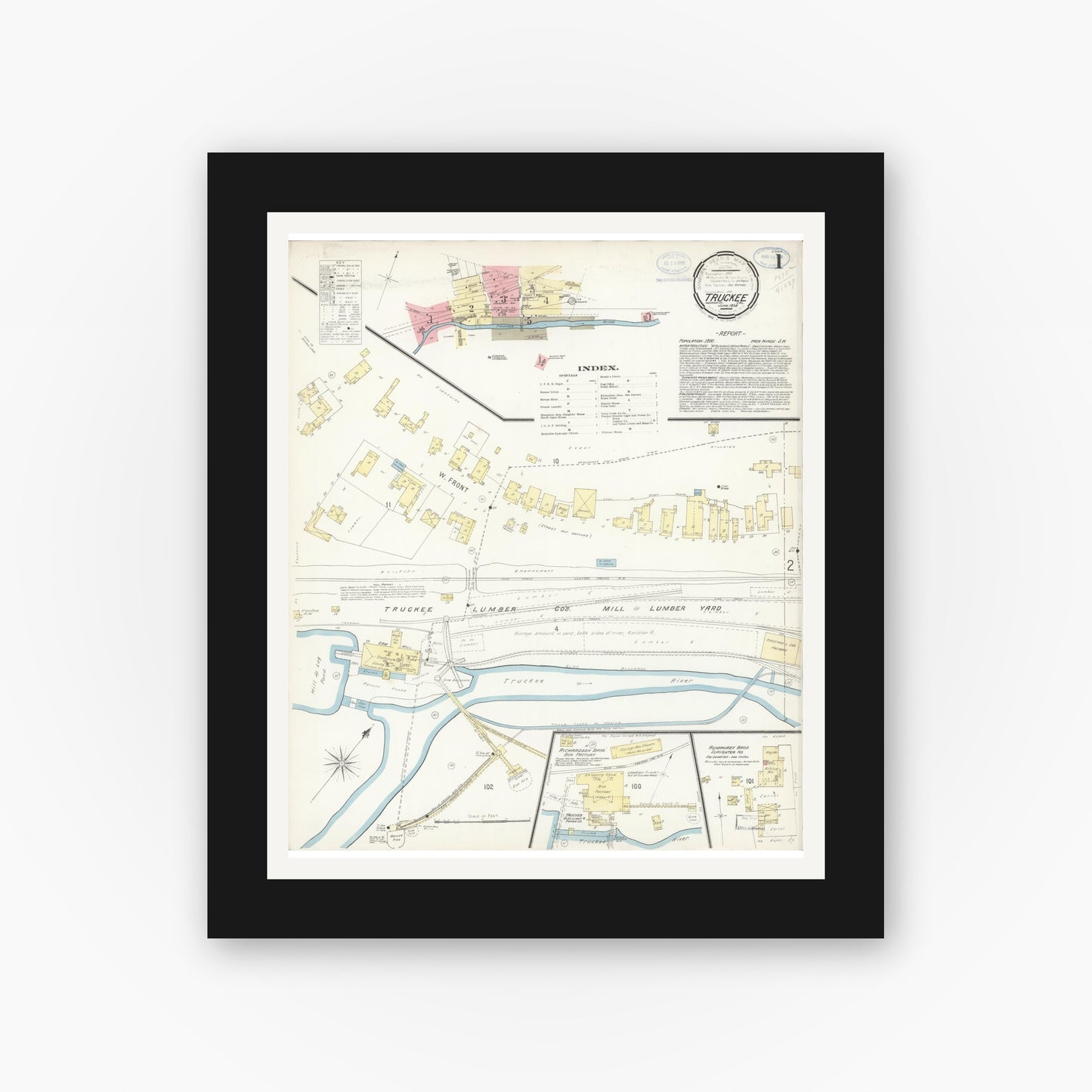 Old map wall art mockup — black gallery frame with white mat — Sanborn Fire Insurance Map from Truckee, Nevada County, California (1898) - Complete Map Set