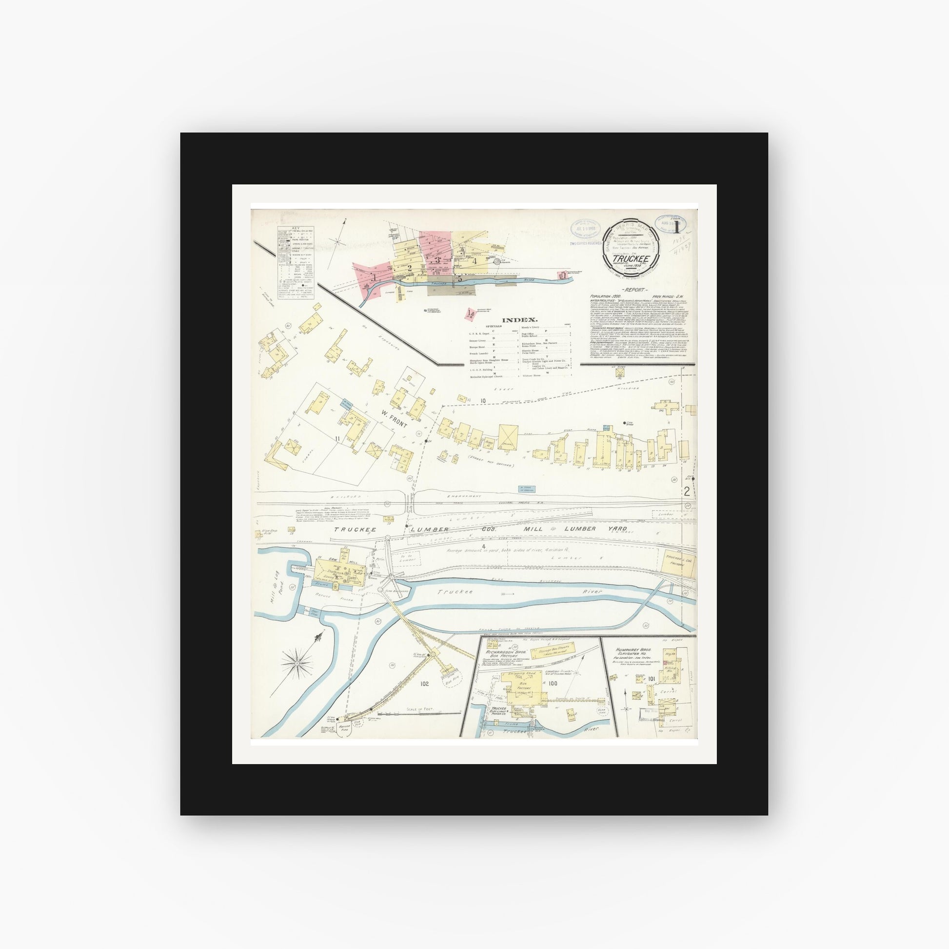 Old map wall art mockup — black gallery frame with white mat — Sanborn Fire Insurance Map from Truckee, Nevada County, California (1898) - Complete Map Set