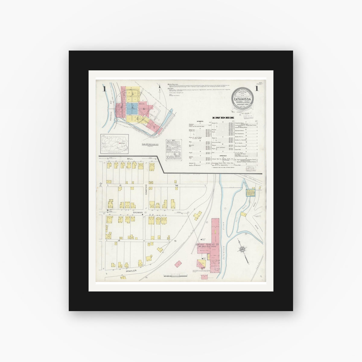 Old map wall art mockup — black gallery frame with white mat — Sanborn Fire Insurance Map from Catawissa, Columbia County, Pennsylvania (1930), Sheet #0001