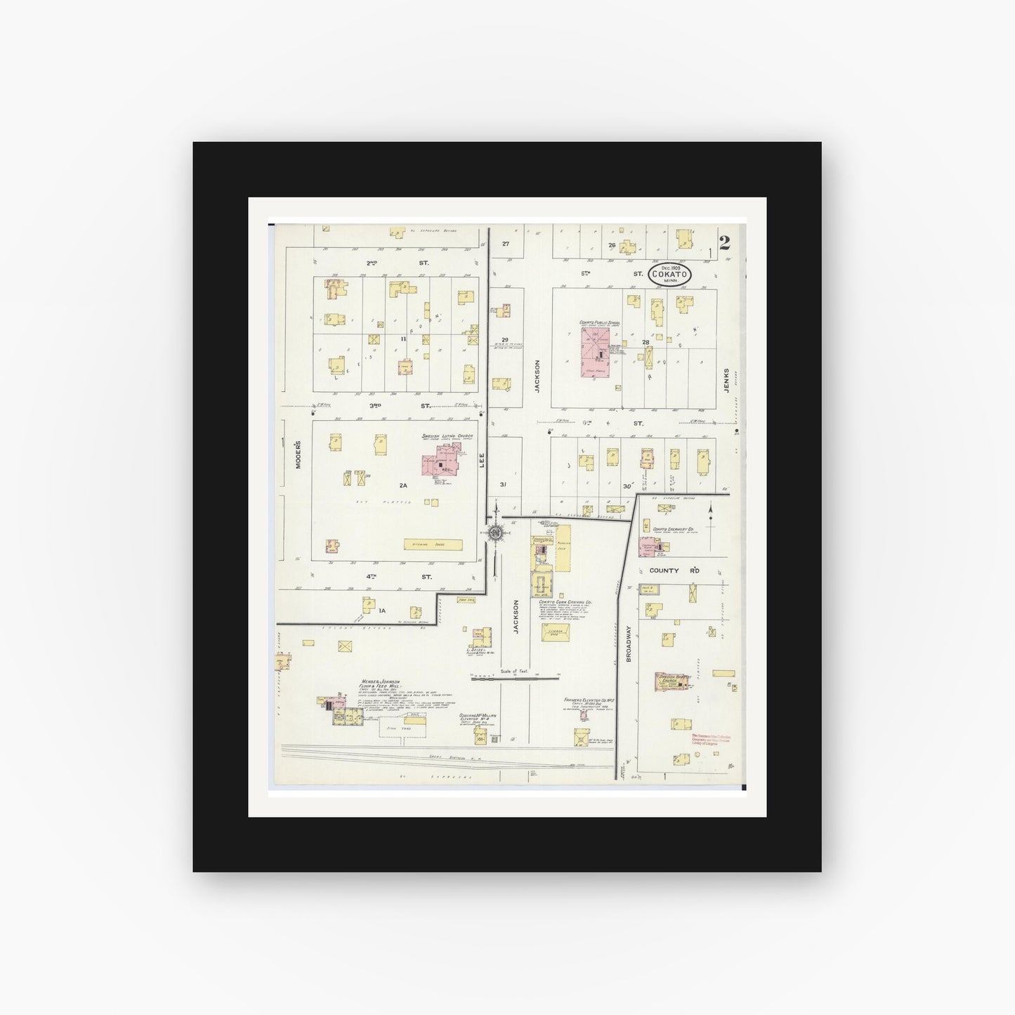 Old map wall art mockup — black gallery frame with white mat — Sanborn Fire Insurance Map from Cokato, Wright County, Minnesota (1909), Sheet #0002