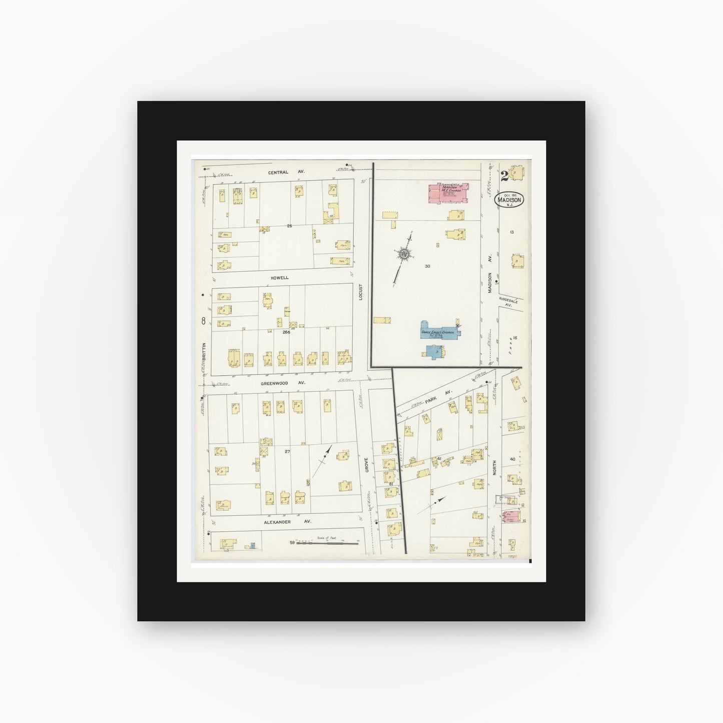 Old map wall art mockup — black gallery frame with white mat — Sanborn Fire Insurance Map from Madison, Morris County, New Jersey (1912), Sheet #0002