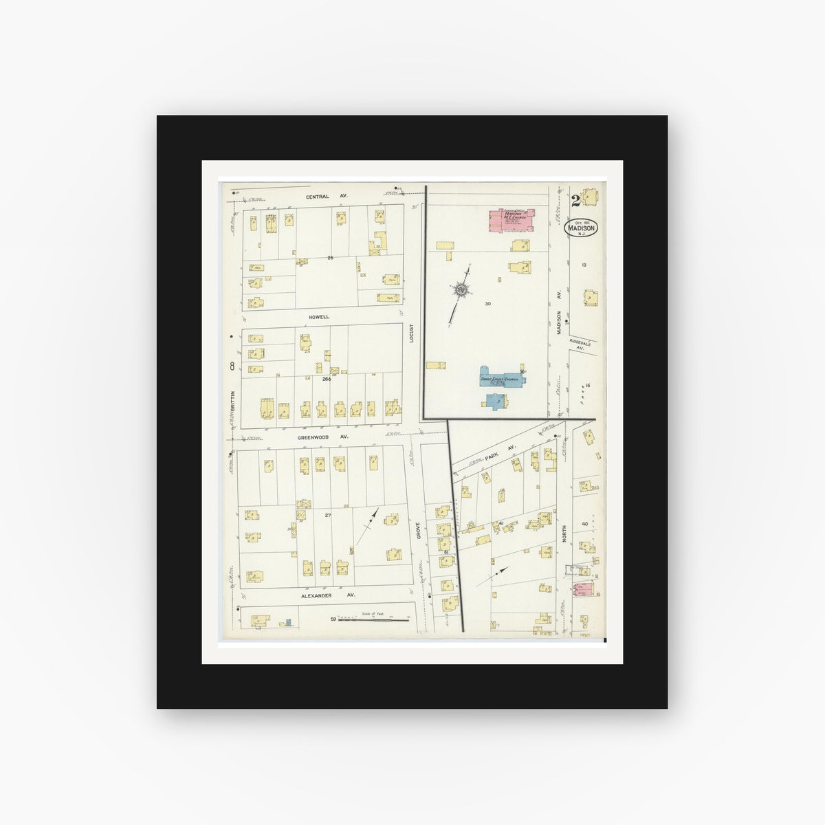 Old map wall art mockup — black gallery frame with white mat — Sanborn Fire Insurance Map from Madison, Morris County, New Jersey (1912), Sheet #0002
