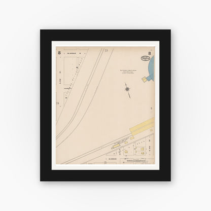 Old map wall art mockup — black gallery frame with white mat — Sanborn Fire Insurance Map from Temple, Bell County, Texas (1922), Sheet #0008