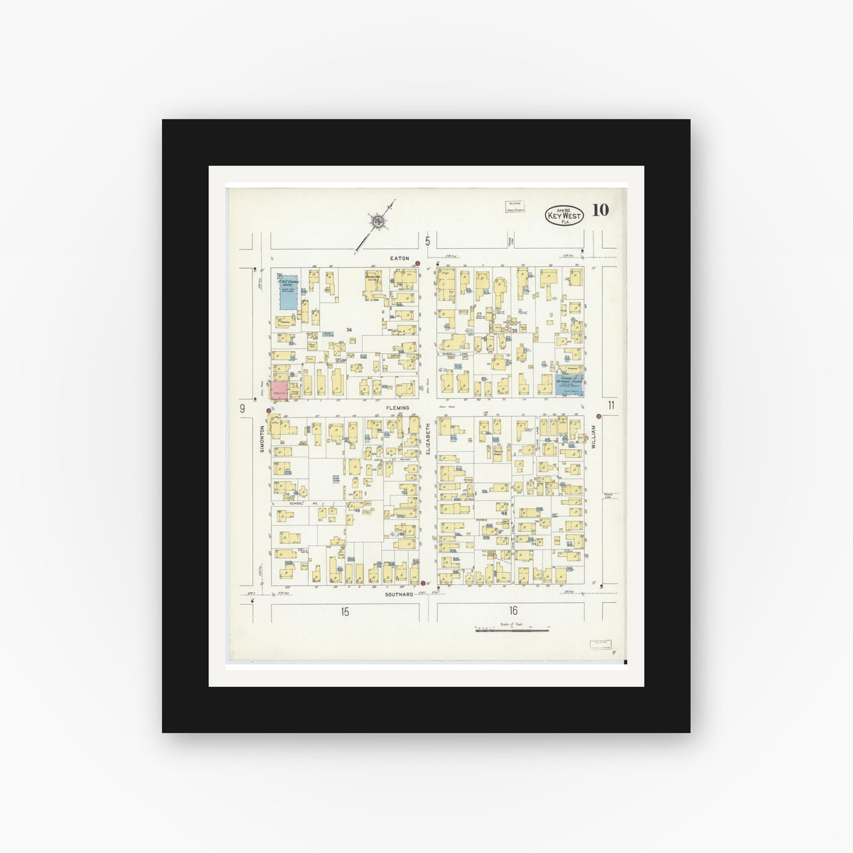 Old map wall art mockup — black gallery frame with white mat — Sanborn Fire Insurance Map from Key West, Monroe County, Florida (1912), Sheet #0010