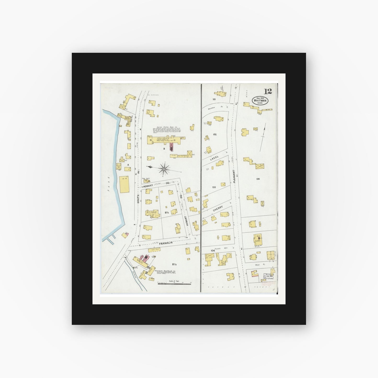 Old map wall art mockup — black gallery frame with white mat — Sanborn Fire Insurance Map from Whitman, Plymouth County, Massachusetts (1905), Sheet #0012