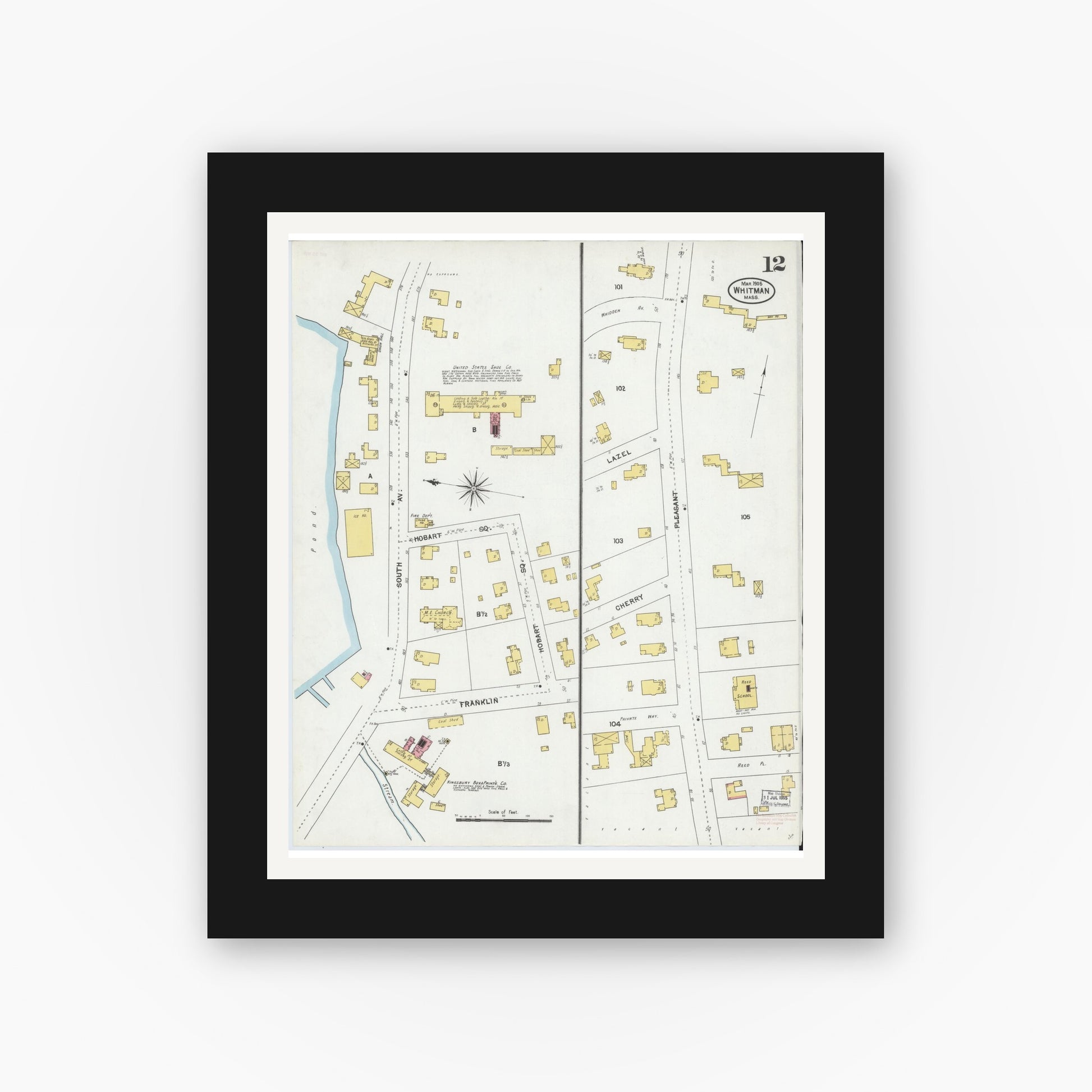 Old map wall art mockup — black gallery frame with white mat — Sanborn Fire Insurance Map from Whitman, Plymouth County, Massachusetts (1905), Sheet #0012