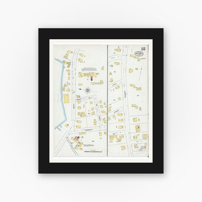 Old map wall art mockup — black gallery frame with white mat — Sanborn Fire Insurance Map from Whitman, Plymouth County, Massachusetts (1905), Sheet #0012