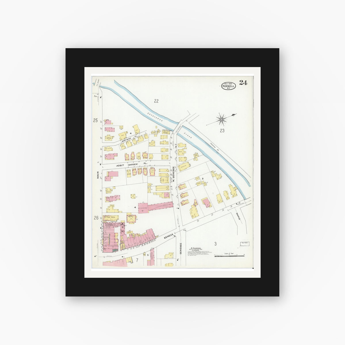 Old map wall art mockup — black gallery frame with white mat — Sanborn Fire Insurance Map from Hornell, Steuben County, New York (1909), Sheet #0024