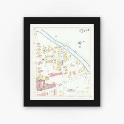 Old map wall art mockup — black gallery frame with white mat — Sanborn Fire Insurance Map from Hornell, Steuben County, New York (1909), Sheet #0024