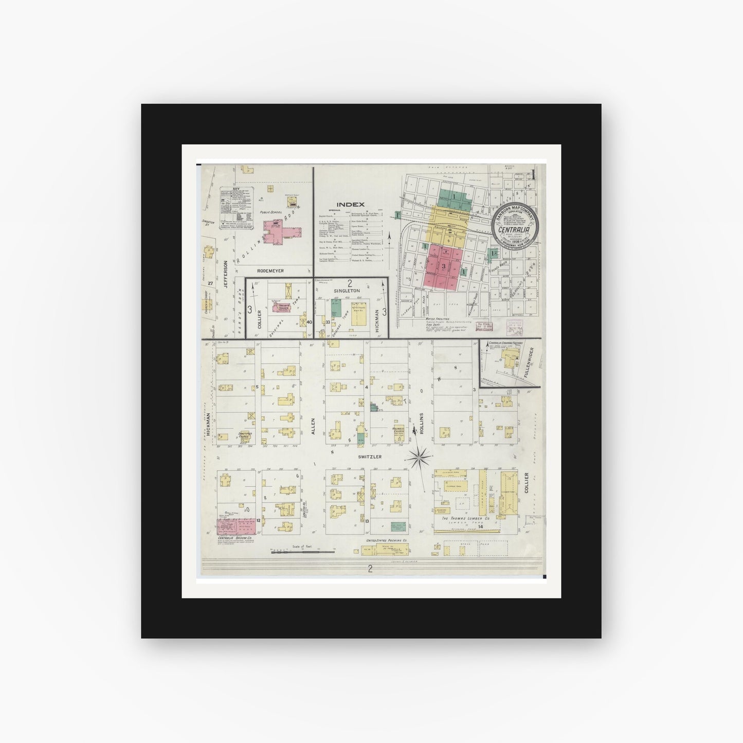 Old map wall art mockup — black gallery frame with white mat — Sanborn Fire Insurance Map from Centralia, Boone County, Missouri (1908) - Complete Map Set