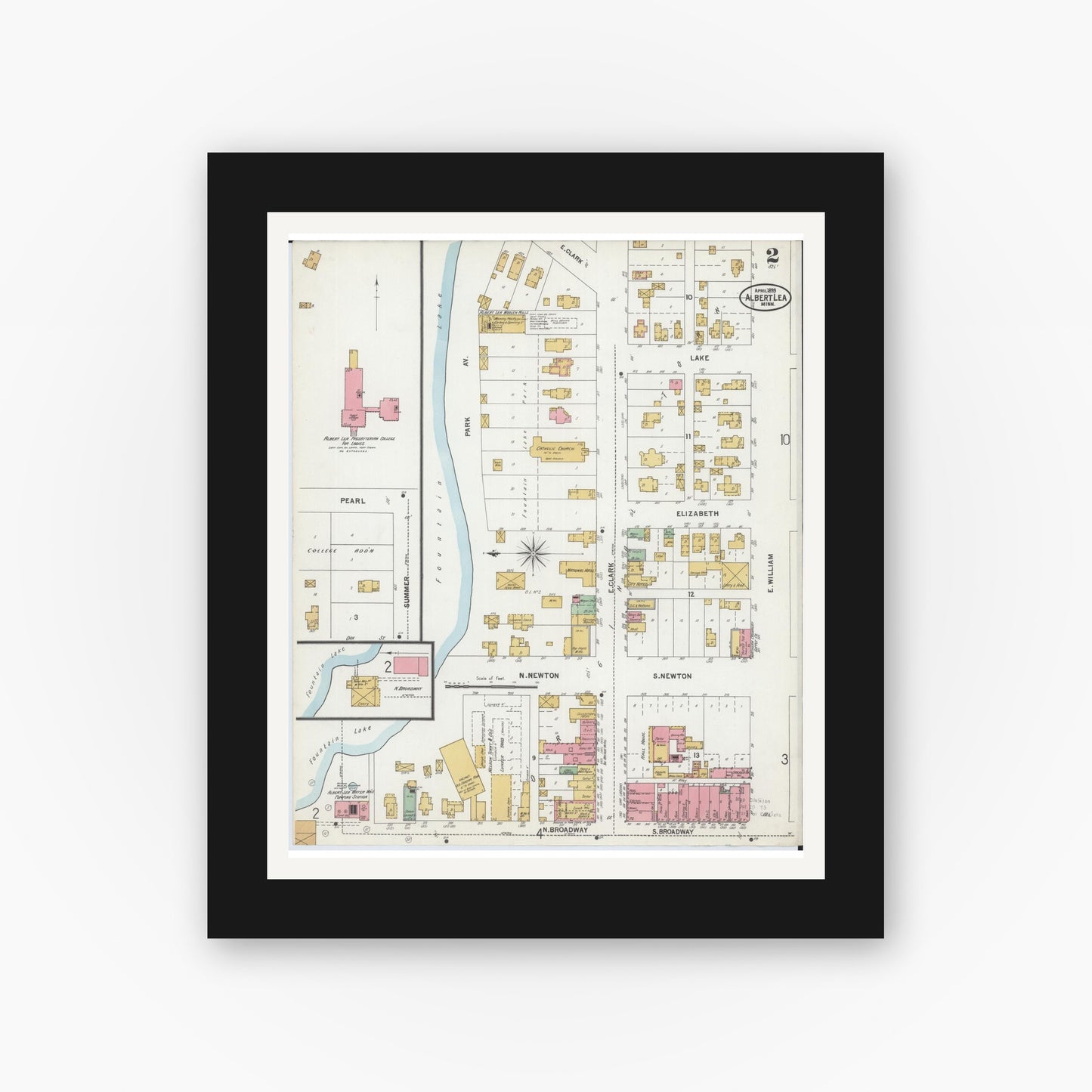 Old map wall art mockup — black gallery frame with white mat — Sanborn Fire Insurance Map from Albert Lea, Freeborn County, Minnesota (1899), Sheet #0002