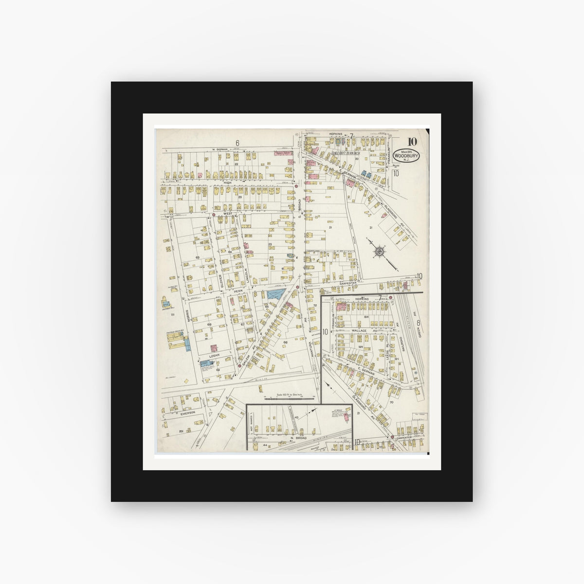 Old map wall art mockup — black gallery frame with white mat — Sanborn Fire Insurance Map from Woodbury, Gloucester County, New Jersey (1915), Sheet #0010