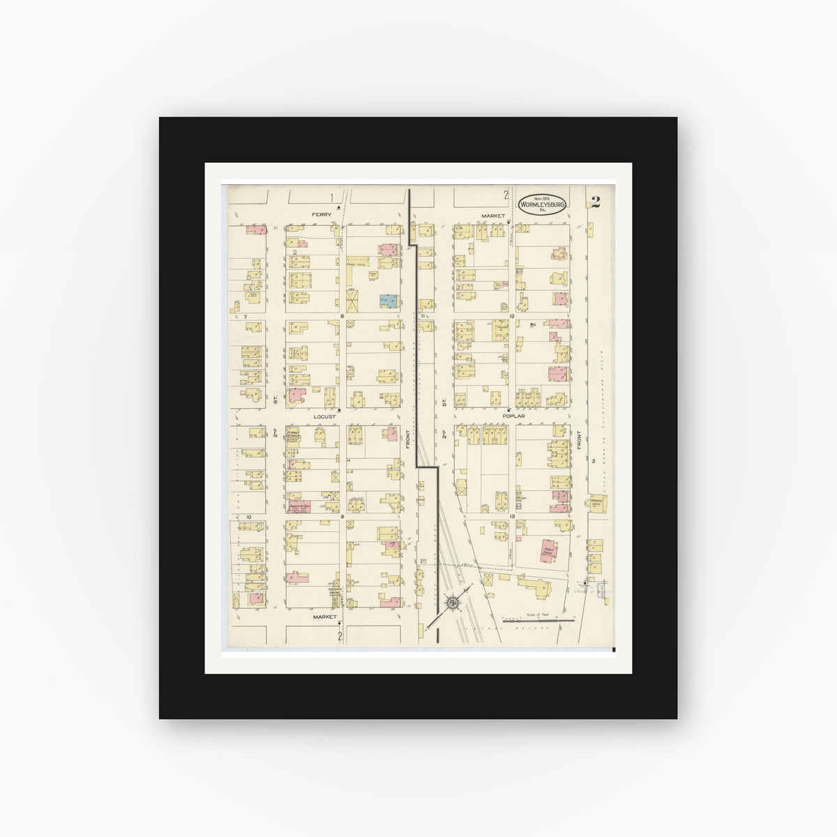 Old map wall art mockup — black gallery frame with white mat — Sanborn Fire Insurance Map from Wormleysburg, Cumberland County, Pennsylvania (1913), Sheet #0002