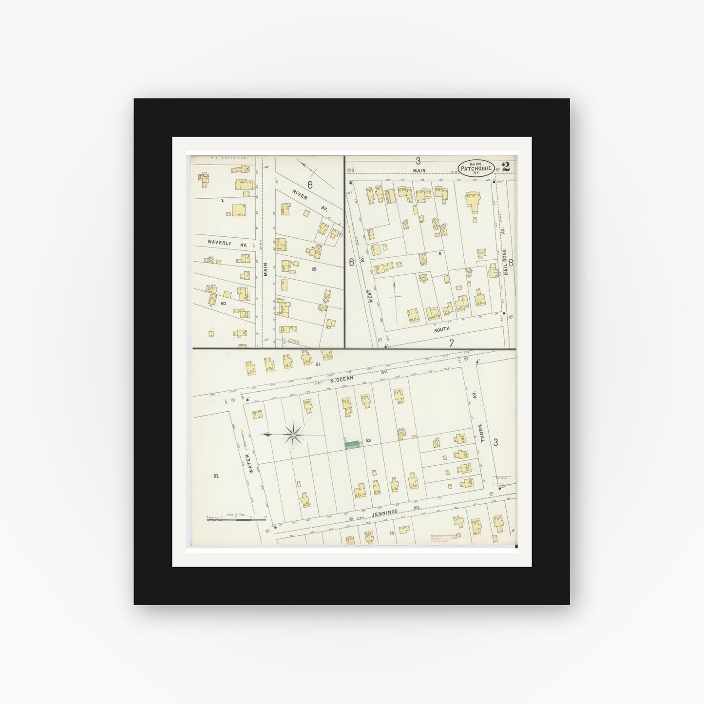 Old map wall art mockup — black gallery frame with white mat — Sanborn Fire Insurance Map from Patchogue, Suffolk County, New York (1897) - Complete Map Set