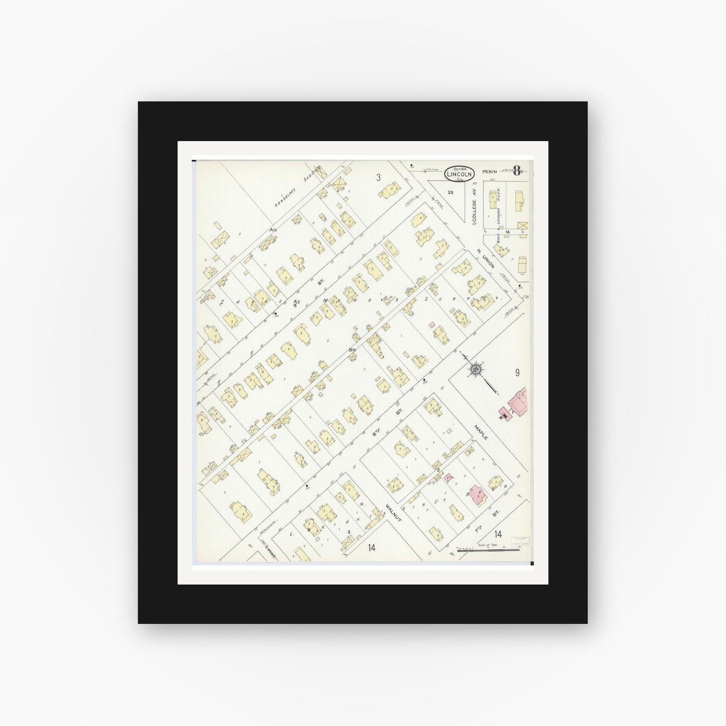 Old map wall art mockup — black gallery frame with white mat — Sanborn Fire Insurance Map from Lincoln, Logan County, Illinois (1914), Sheet #0008