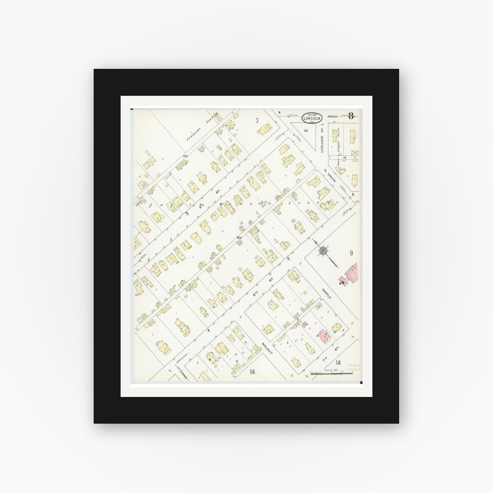 Old map wall art mockup — black gallery frame with white mat — Sanborn Fire Insurance Map from Lincoln, Logan County, Illinois (1914), Sheet #0008