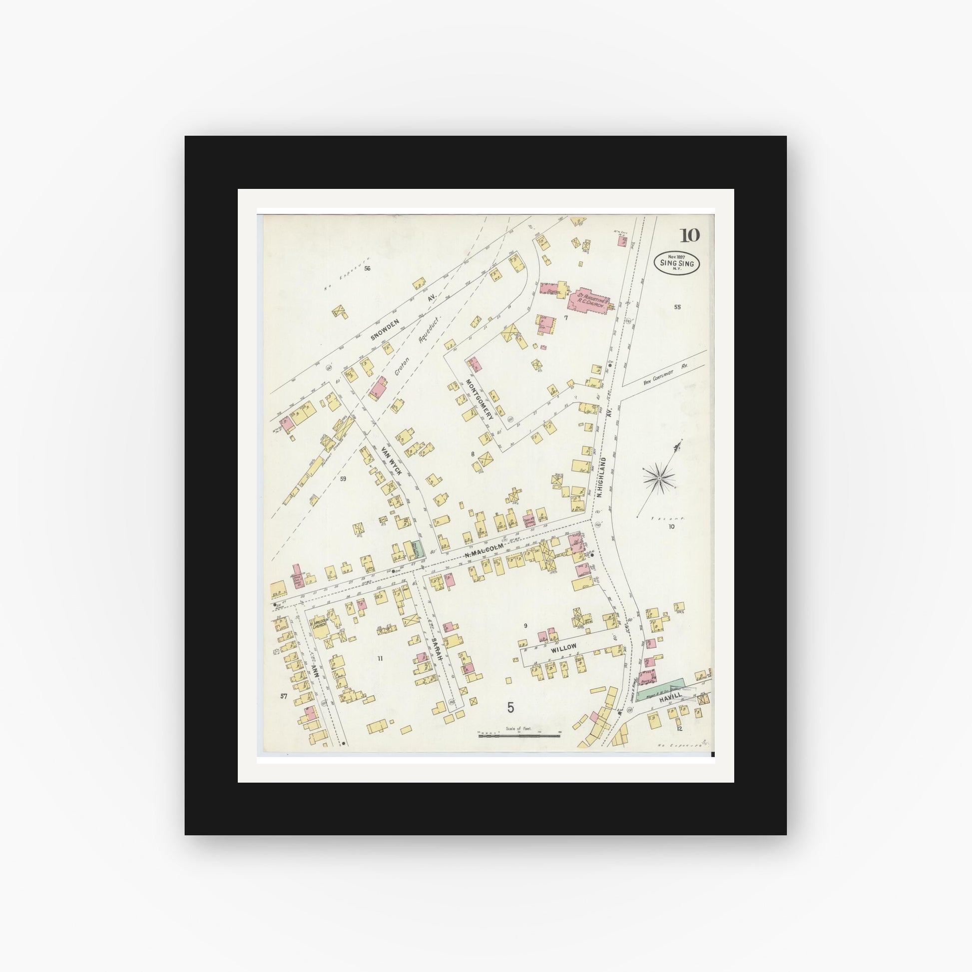 Old map wall art mockup — black gallery frame with white mat — Sanborn Fire Insurance Map from Sing Sing, Westchester County, New York (1897), Sheet #0010