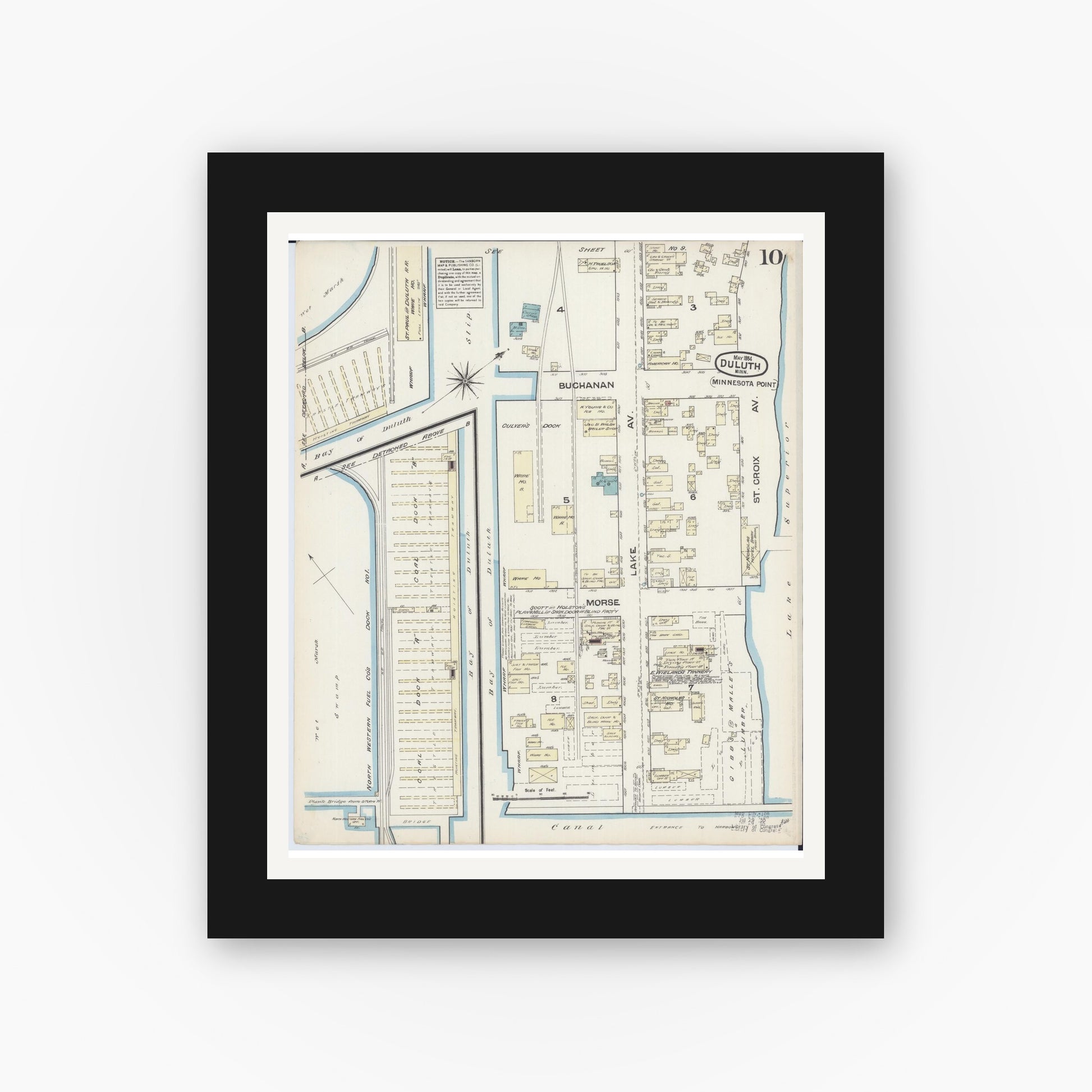 Old map wall art mockup — black gallery frame with white mat — Sanborn Fire Insurance Map from Duluth, Saint Louis County, Minnesota (1884), Sheet #0010