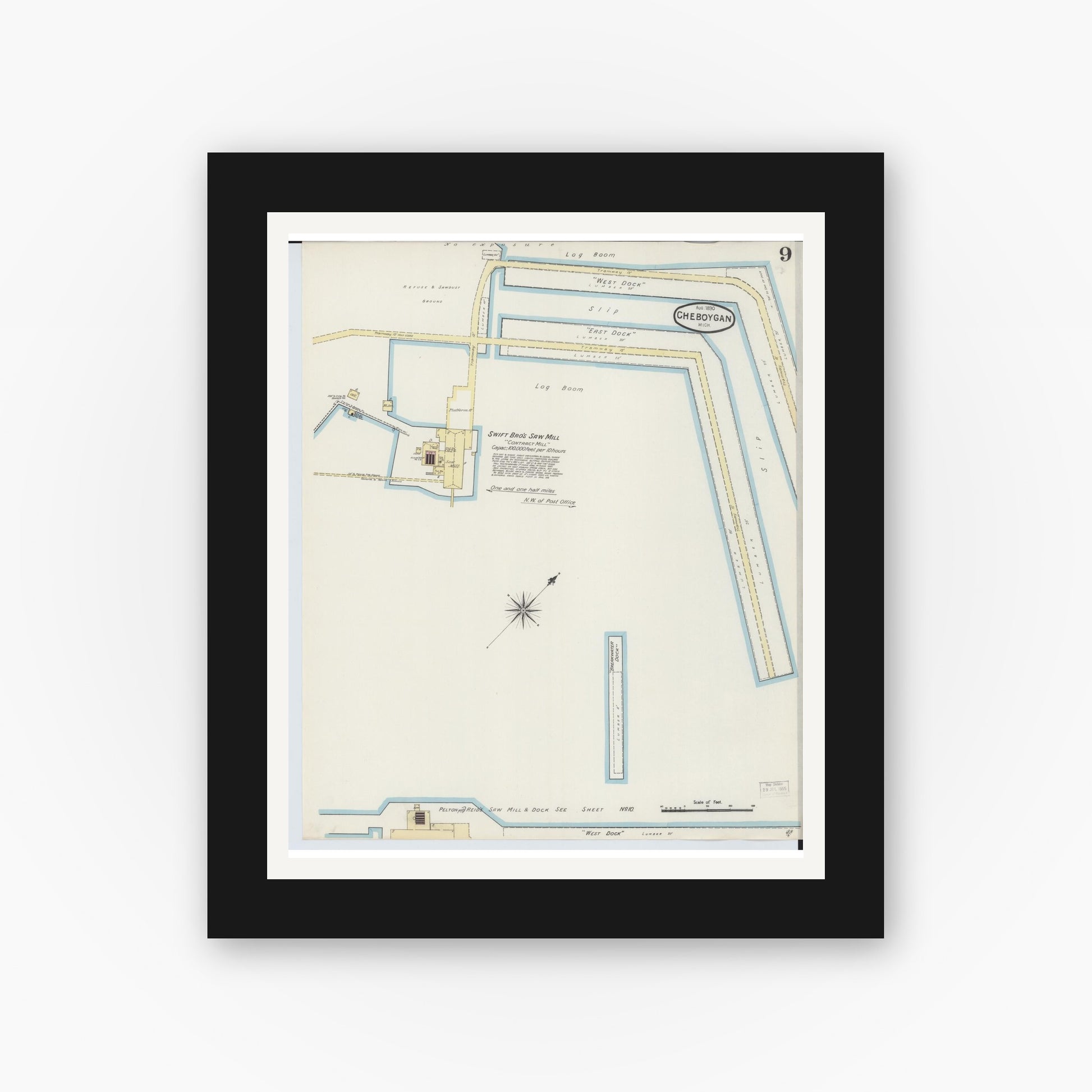 Old map wall art mockup — black gallery frame with white mat — Sanborn Fire Insurance Map from Cheboygan, Cheboygan County, Michigan (1890), Sheet #0009