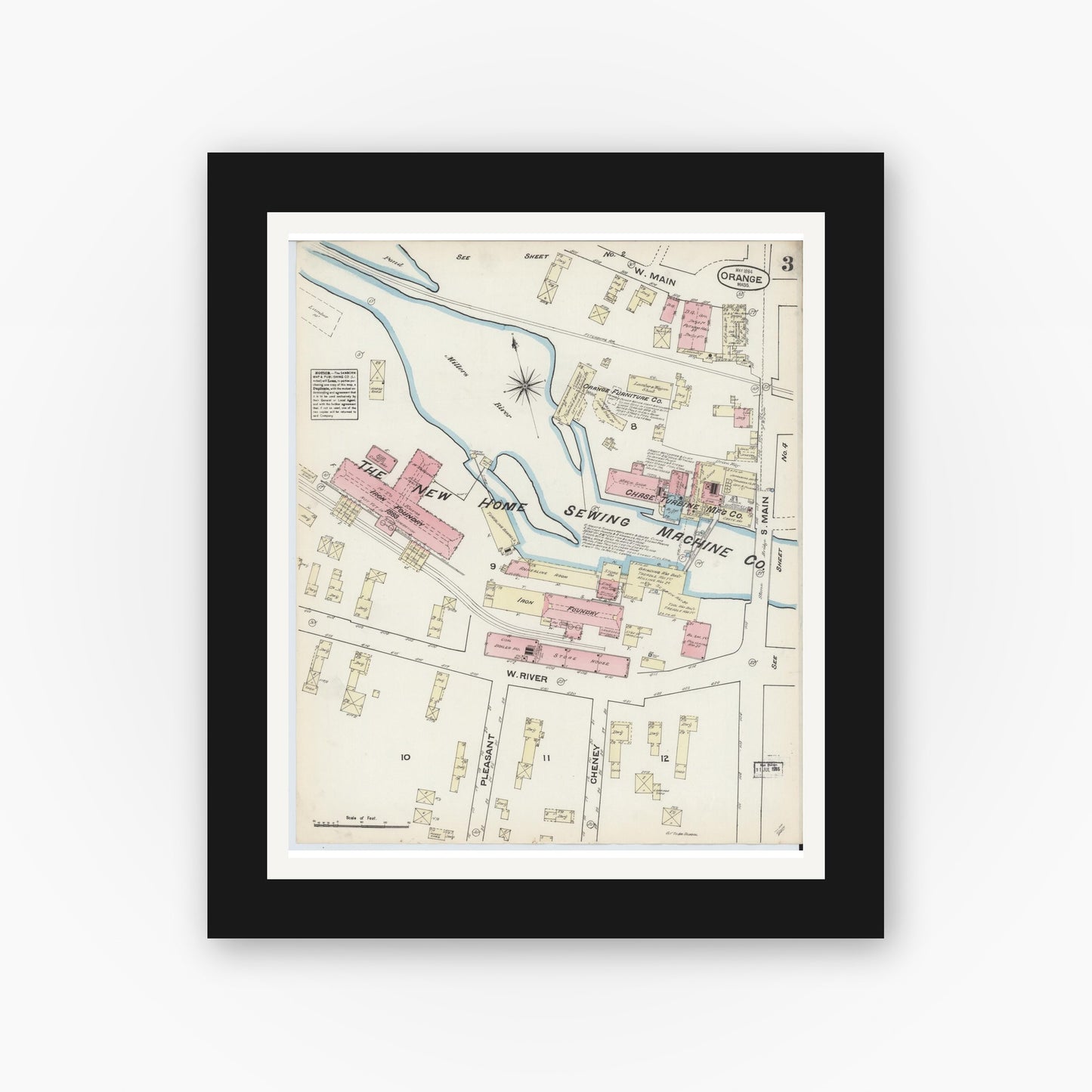 Old map wall art mockup — black gallery frame with white mat — Sanborn Fire Insurance Map from Orange, Franklin County, Massachusetts (1884), Sheet #0003