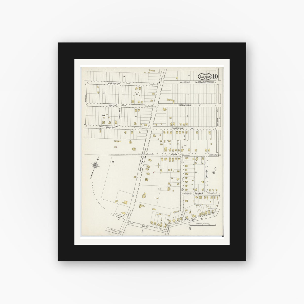 Old map wall art mockup — black gallery frame with white mat — Sanborn Fire Insurance Map from Babylon, Suffolk County, New York (1915), Sheet #0010