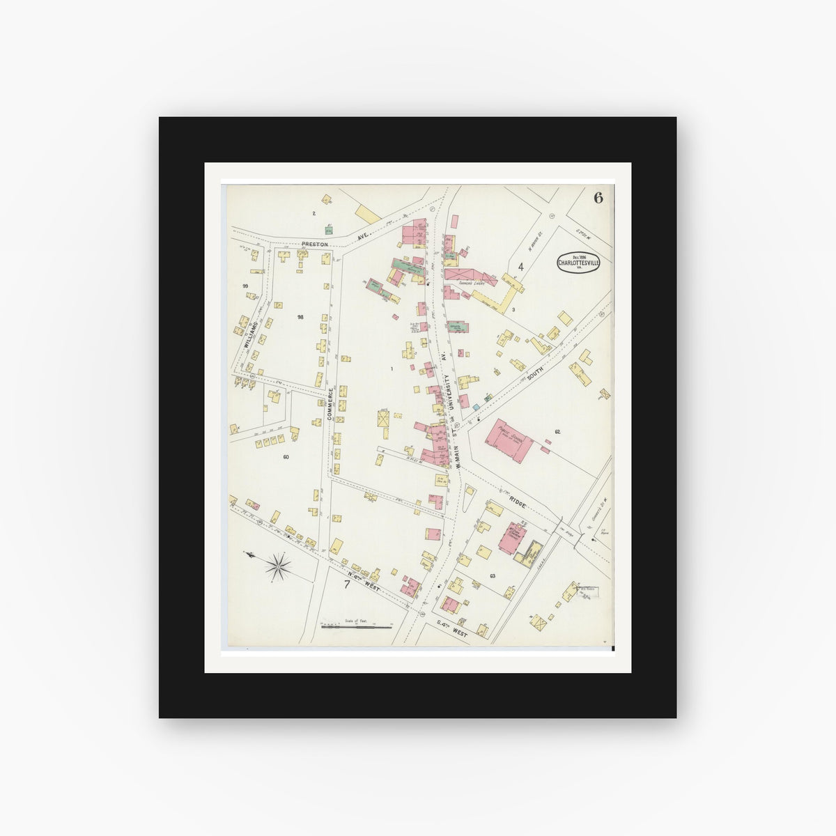 Old map wall art mockup — black gallery frame with white mat — Sanborn Fire Insurance Map from Charlottesville, Independent Cities, Virginia (1896), Sheet #0006