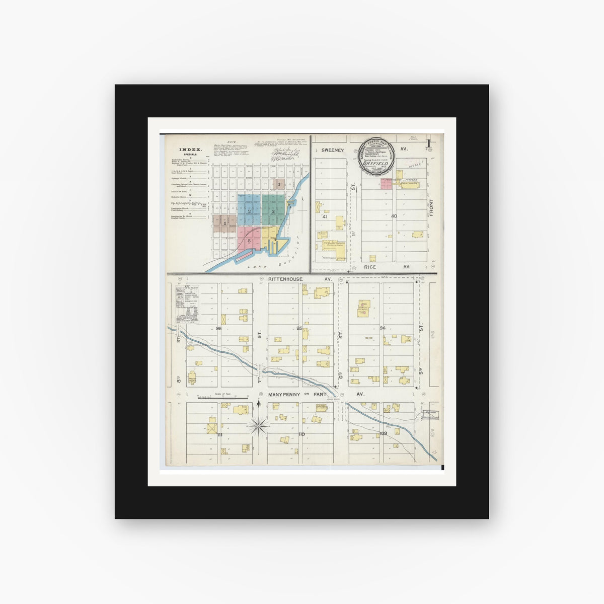 Old map wall art mockup — black gallery frame with white mat — Sanborn Fire Insurance Map from Bayfield, Bayfield County, Wisconsin (1892), Sheet #0001