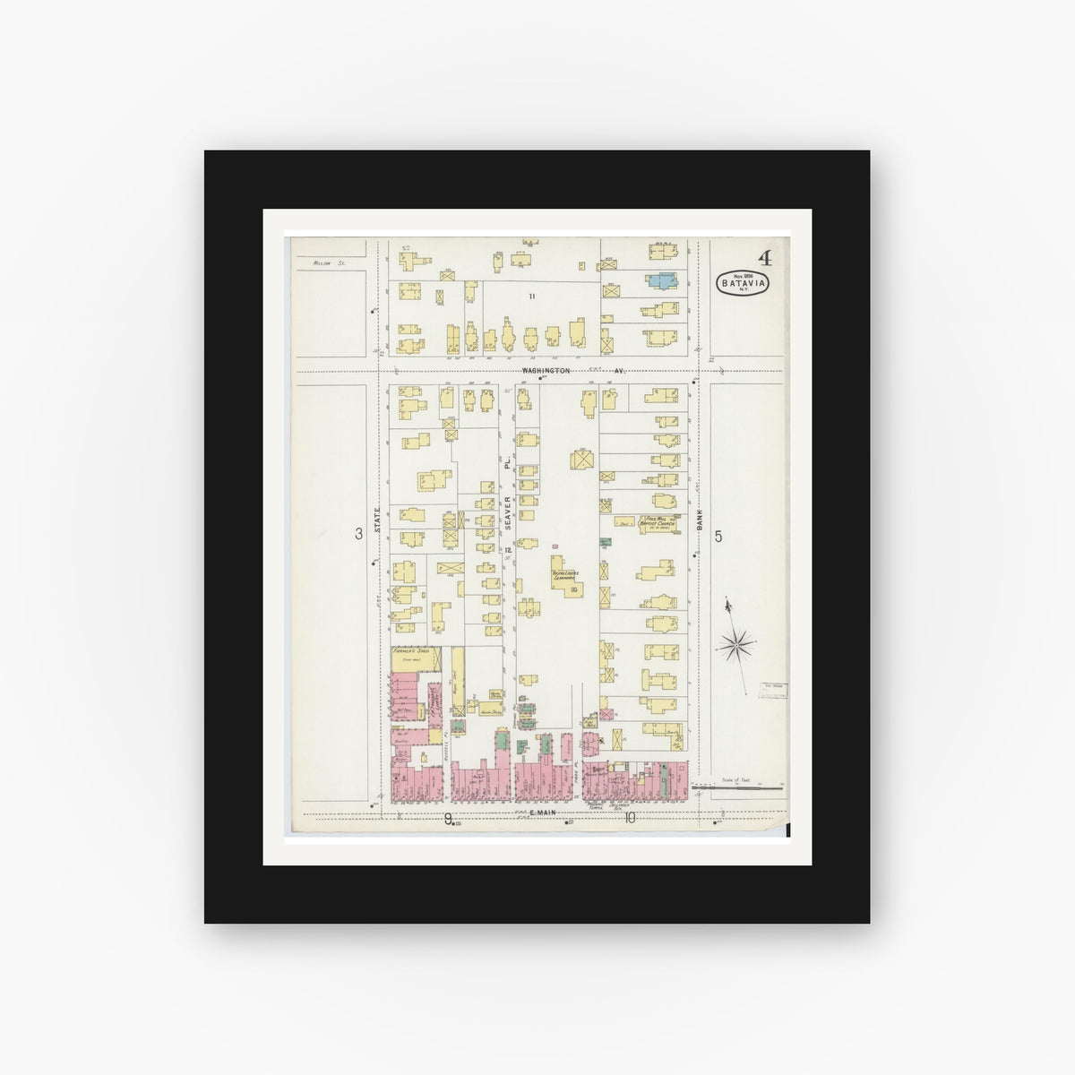Old map wall art mockup — black gallery frame with white mat — Sanborn Fire Insurance Map from Batavia, Genesee County, New York (1896), Sheet #0004