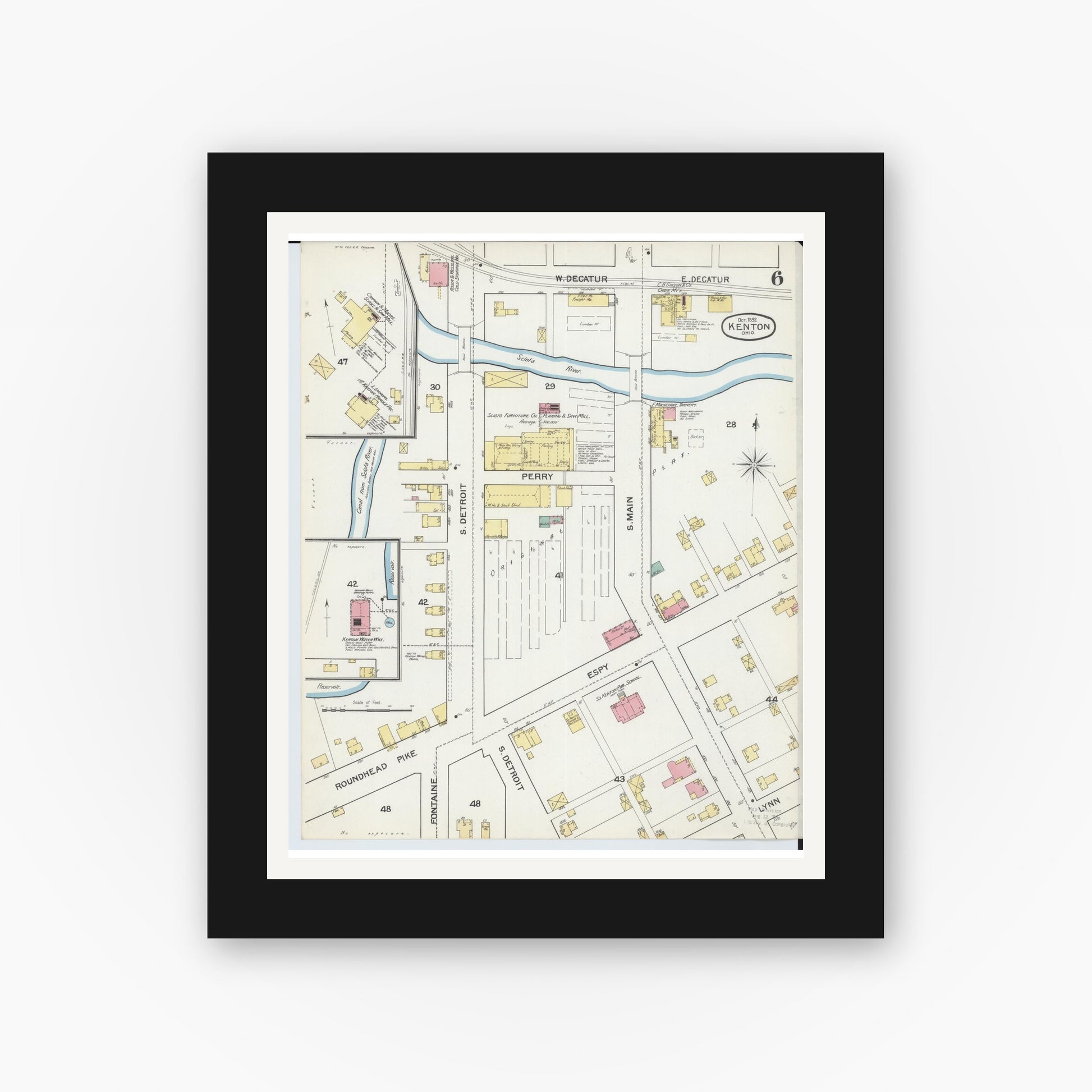 Old map wall art mockup — black gallery frame with white mat — Sanborn Fire Insurance Map from Kenton, Hardin County, Ohio (1892), Sheet #0006