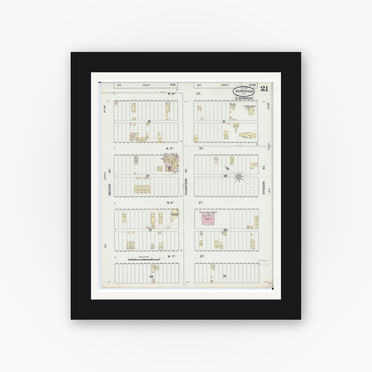 Old map wall art mockup — black gallery frame with white mat — Sanborn Fire Insurance Map from Superior, Douglas County, Wisconsin (1887), Sheet #0021