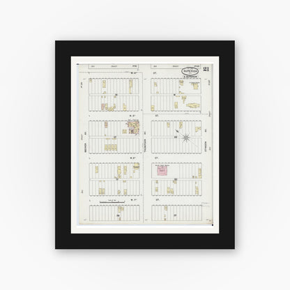 Old map wall art mockup — black gallery frame with white mat — Sanborn Fire Insurance Map from Superior, Douglas County, Wisconsin (1887), Sheet #0021
