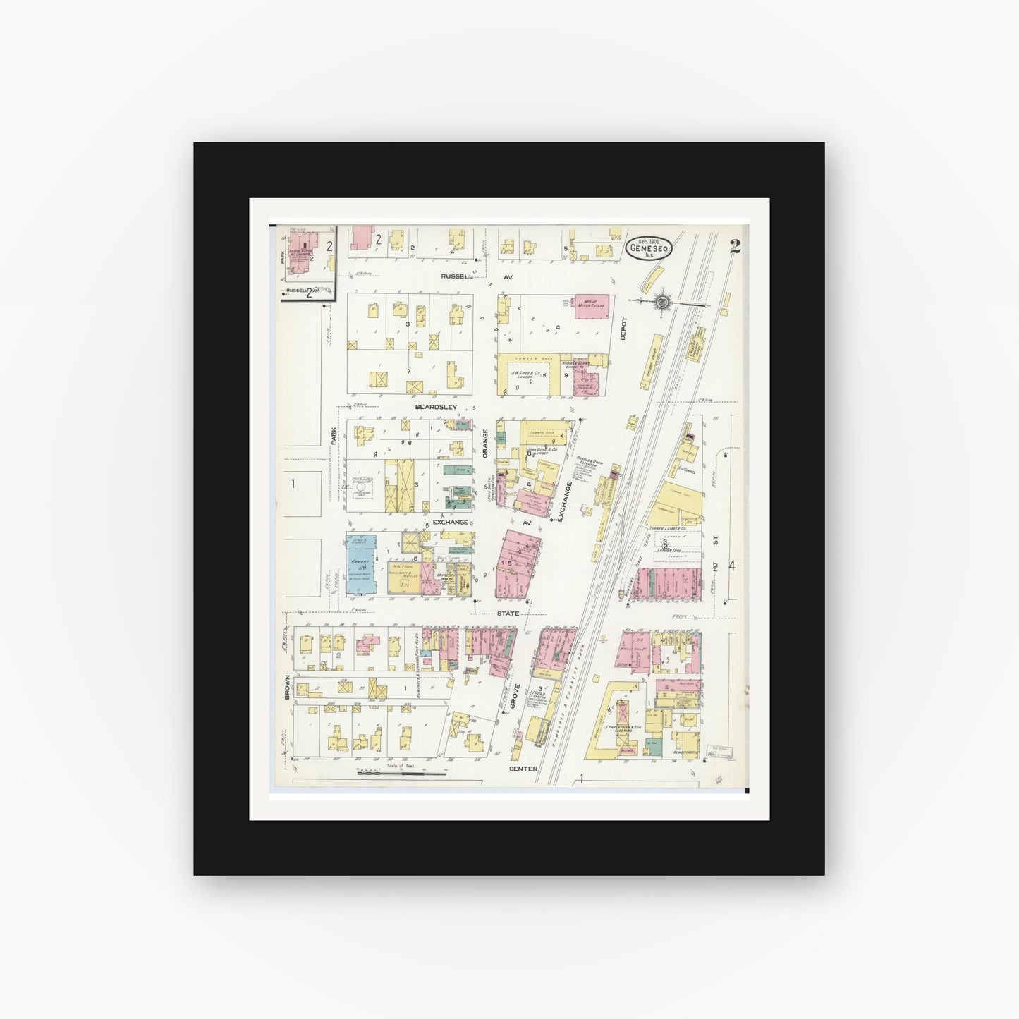Old map wall art mockup — black gallery frame with white mat — Sanborn Fire Insurance Map from Geneseo, Henry County, Illinois (1909), Sheet #0002