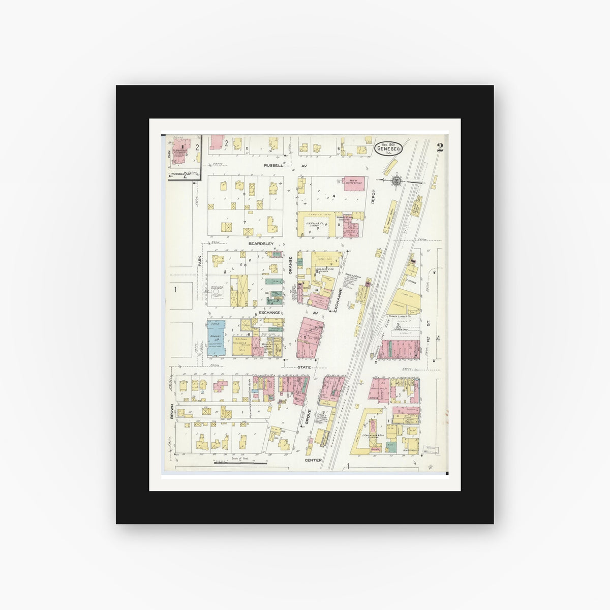 Old map wall art mockup — black gallery frame with white mat — Sanborn Fire Insurance Map from Geneseo, Henry County, Illinois (1909), Sheet #0002