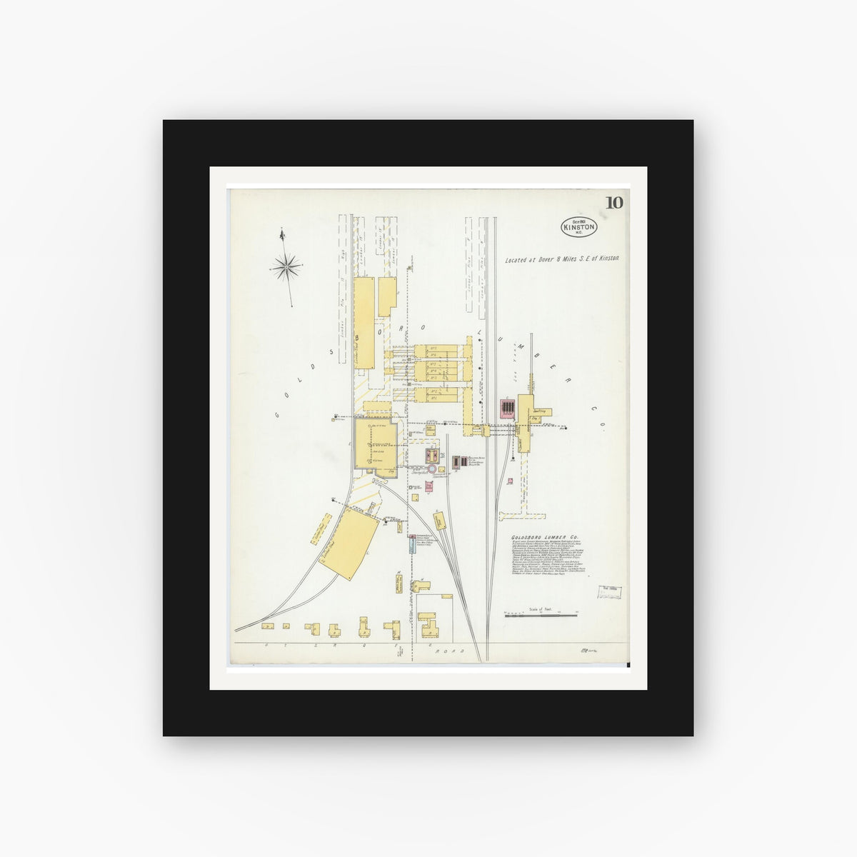 Old map wall art mockup — black gallery frame with white mat — Sanborn Fire Insurance Map from Kinston, Lenoir County, North Carolina (1901), Sheet #0010
