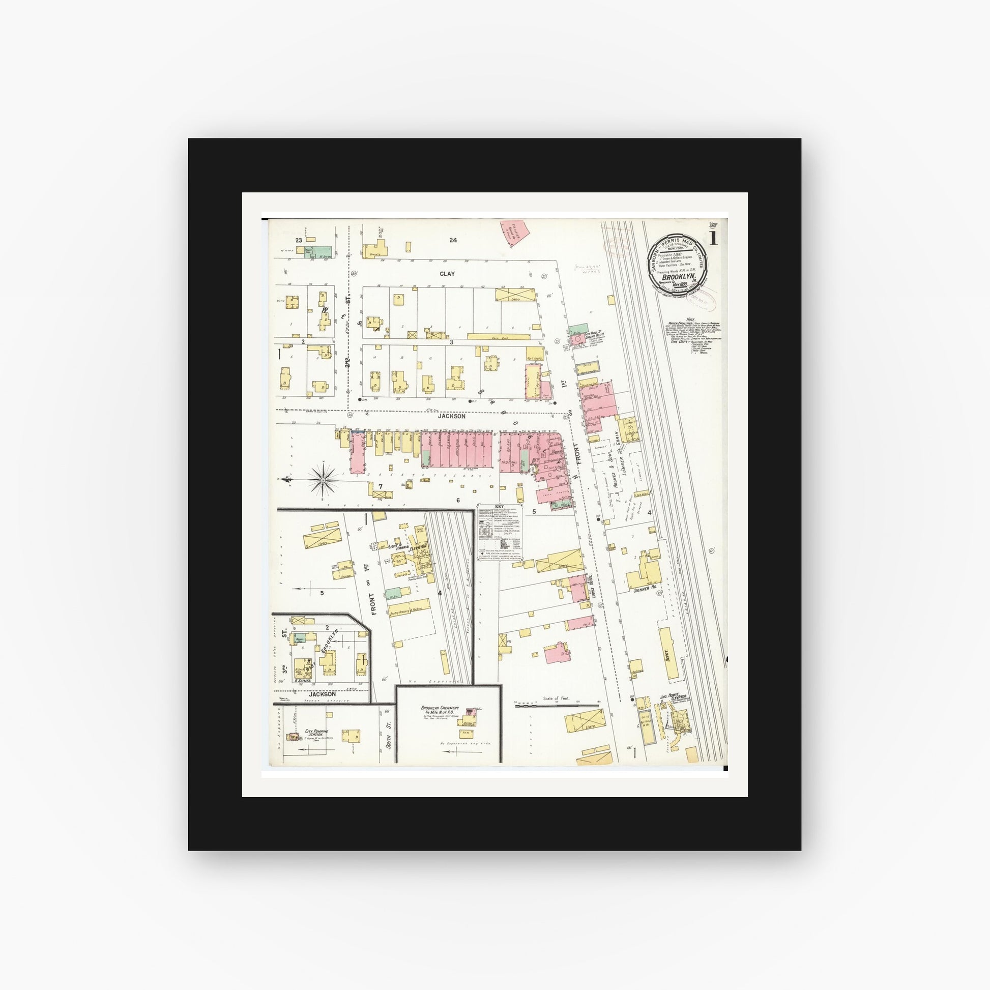 Old map wall art mockup — black gallery frame with white mat — Sanborn Fire Insurance Map from Brooklyn, Poweshiek County, Iowa (1899) â€” Complete Set