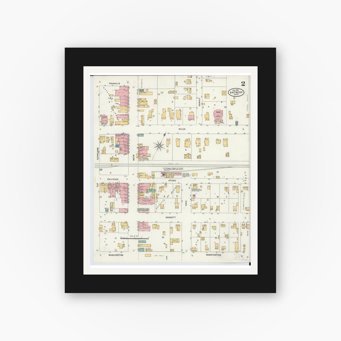Old map wall art mockup — black gallery frame with white mat — Sanborn Fire Insurance Map from Antwerp, Paulding County, Ohio (1905), Sheet #0002