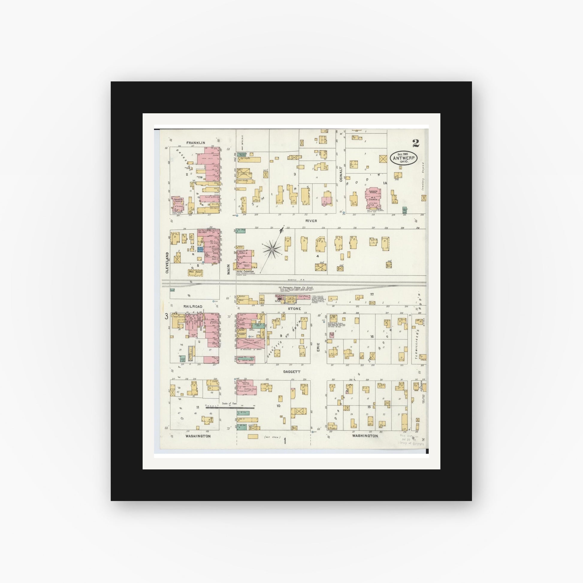 Old map wall art mockup — black gallery frame with white mat — Sanborn Fire Insurance Map from Antwerp, Paulding County, Ohio (1905), Sheet #0002