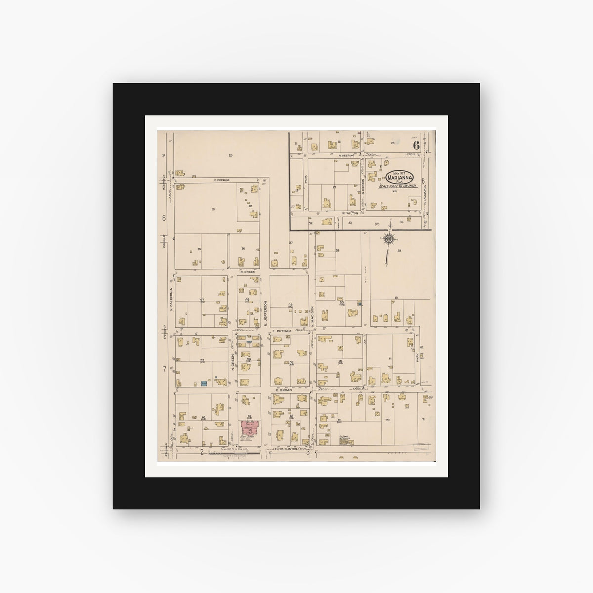 Old map wall art mockup — black gallery frame with white mat — Sanborn Fire Insurance Map from Marianna, Jackson County, Florida (1922), Sheet #0006