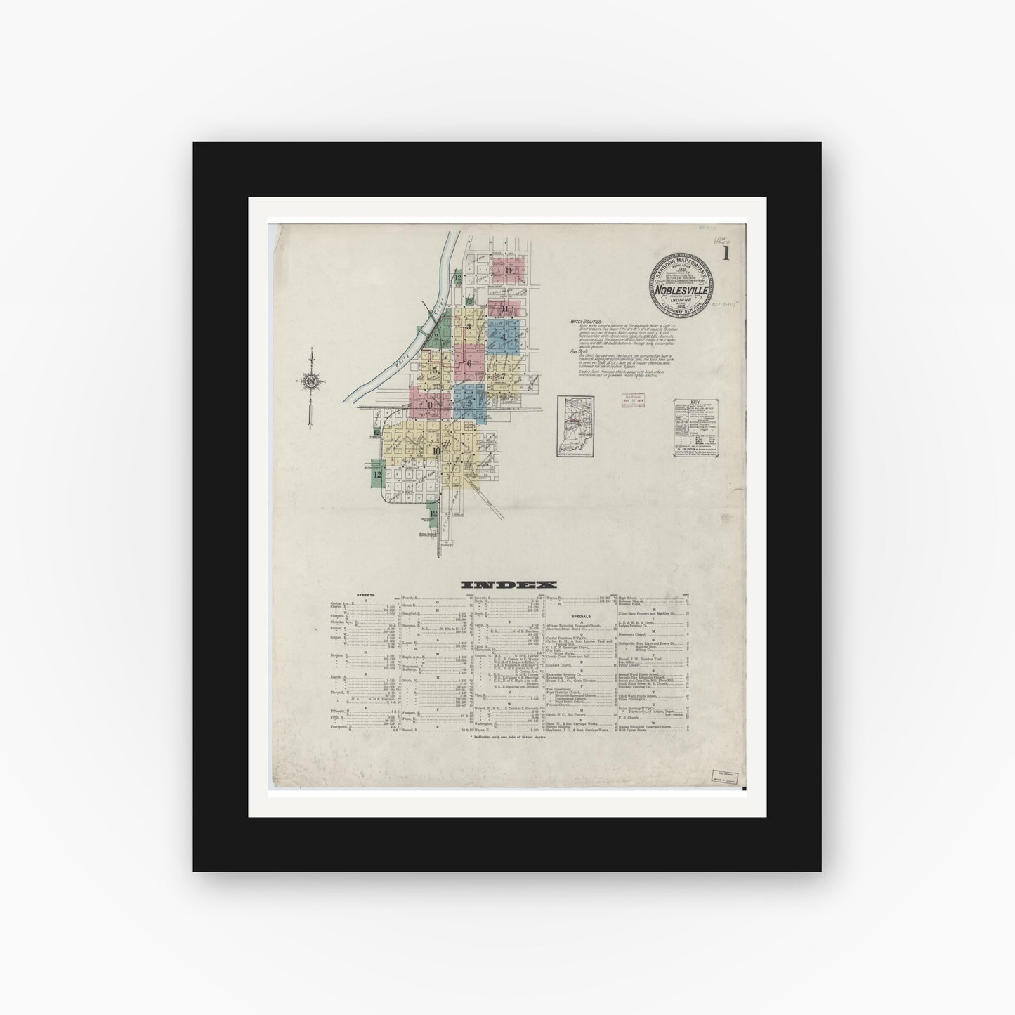 Old map wall art mockup — black gallery frame with white mat — Sanborn Fire Insurance Map from Noblesville, Hamilton County, Indiana (1914) - Complete Map Set