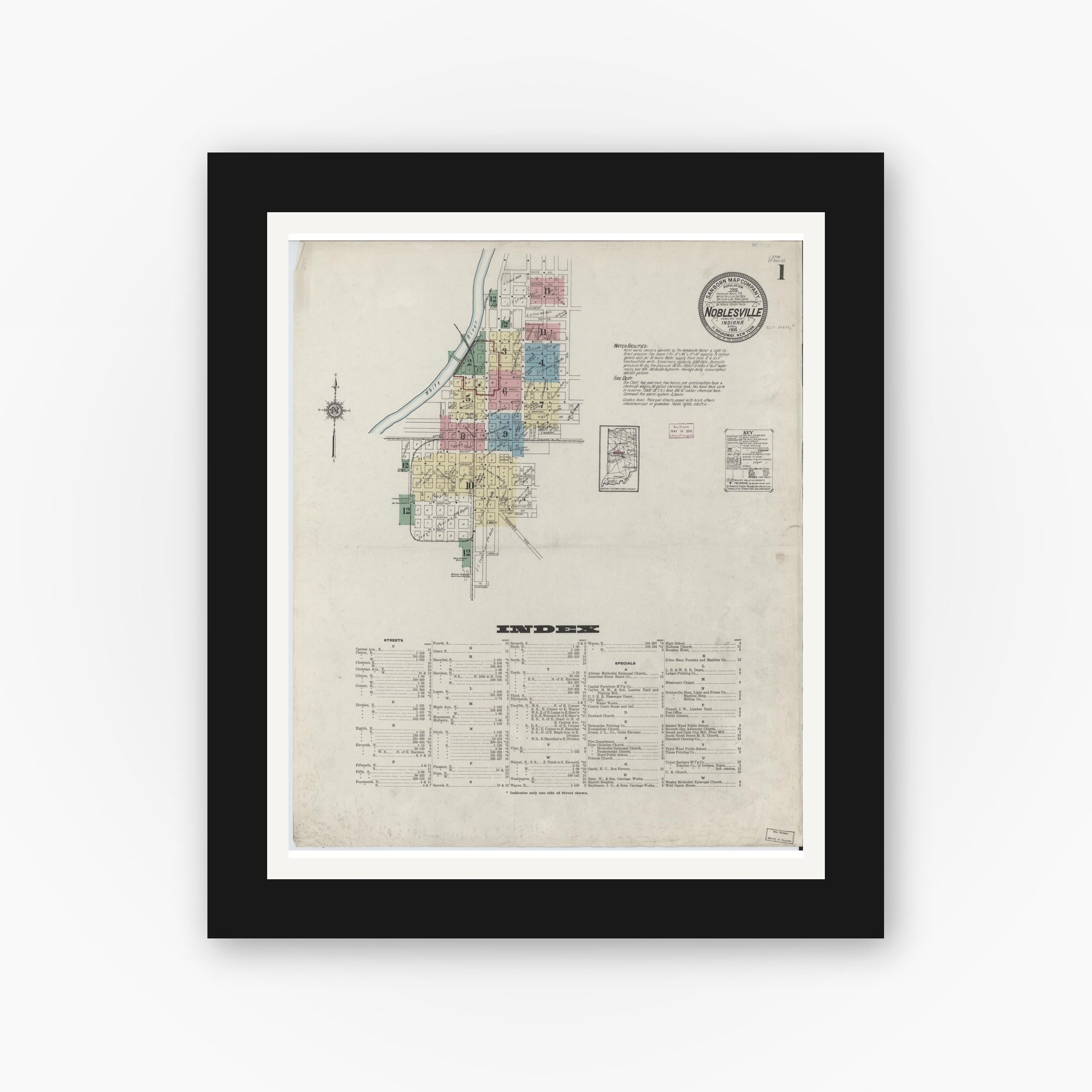 Old map wall art mockup — black gallery frame with white mat — Sanborn Fire Insurance Map from Noblesville, Hamilton County, Indiana (1914) - Complete Map Set