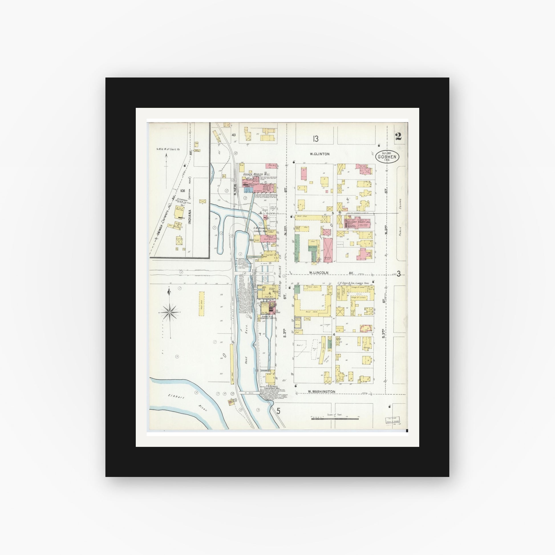 Old map wall art mockup — black gallery frame with white mat — Sanborn Fire Insurance Map from Goshen, Elkhart County, Indiana (1901), Sheet #0002