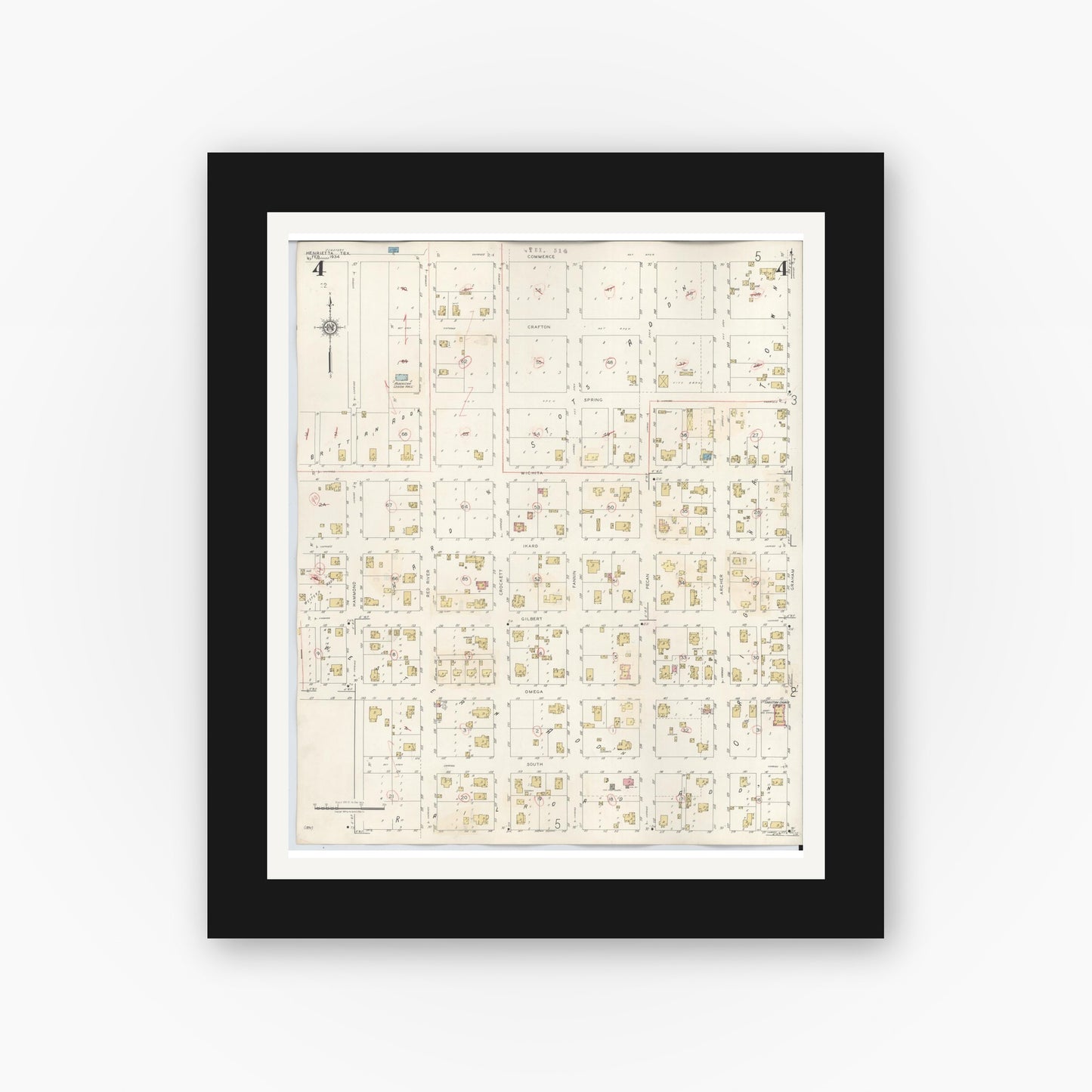 Old map wall art mockup — black gallery frame with white mat — Sanborn Fire Insurance Map from Henrietta, Clay County, Texas (1944), Sheet #0004