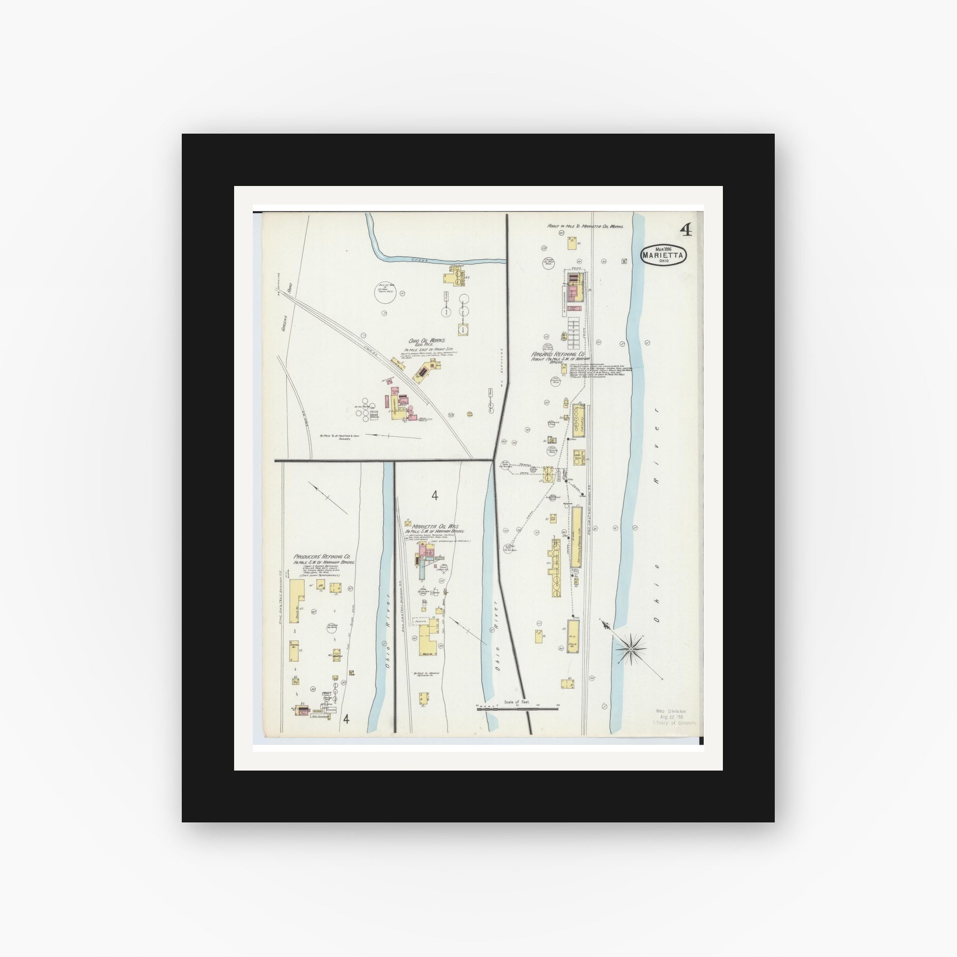 Old map wall art mockup — black gallery frame with white mat — Sanborn Fire Insurance Map from Marietta, Washington County, Ohio (1896), Sheet #0004
