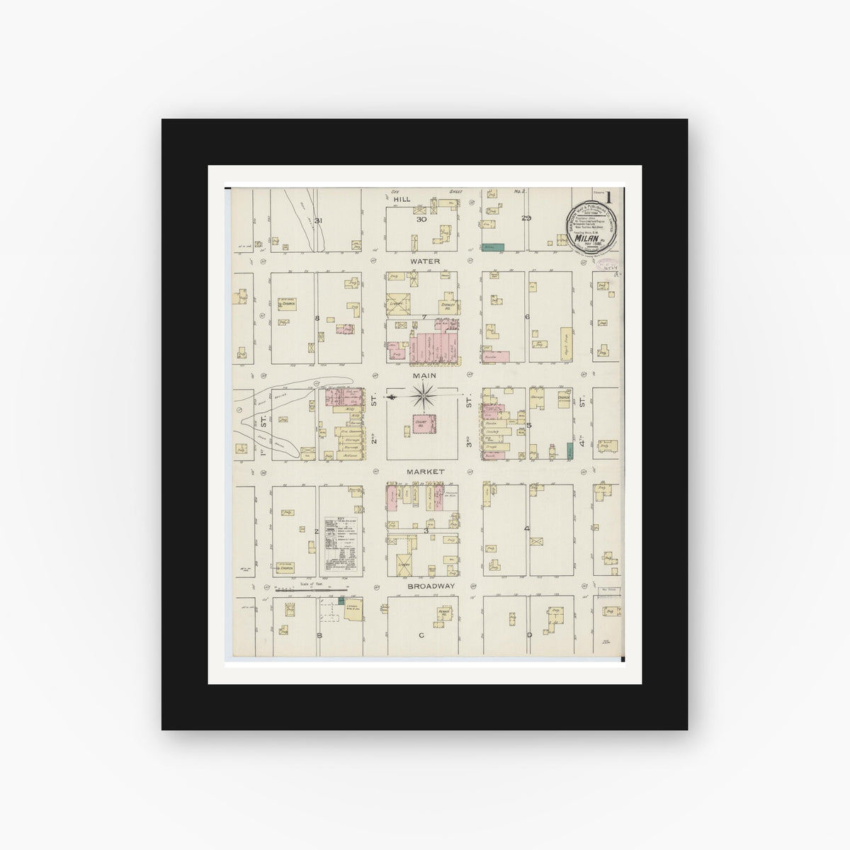 Old map wall art mockup — black gallery frame with white mat — Sanborn Fire Insurance Map from Milan, Sullivan County, Missouri (1886) - Complete Map Set