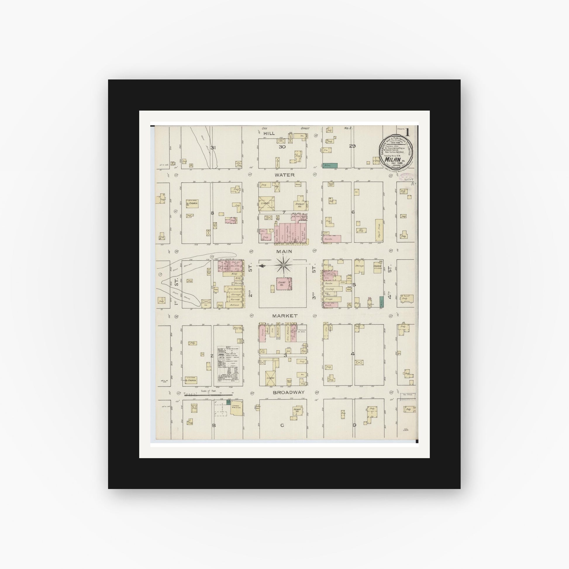 Old map wall art mockup — black gallery frame with white mat — Sanborn Fire Insurance Map from Milan, Sullivan County, Missouri (1886) - Complete Map Set